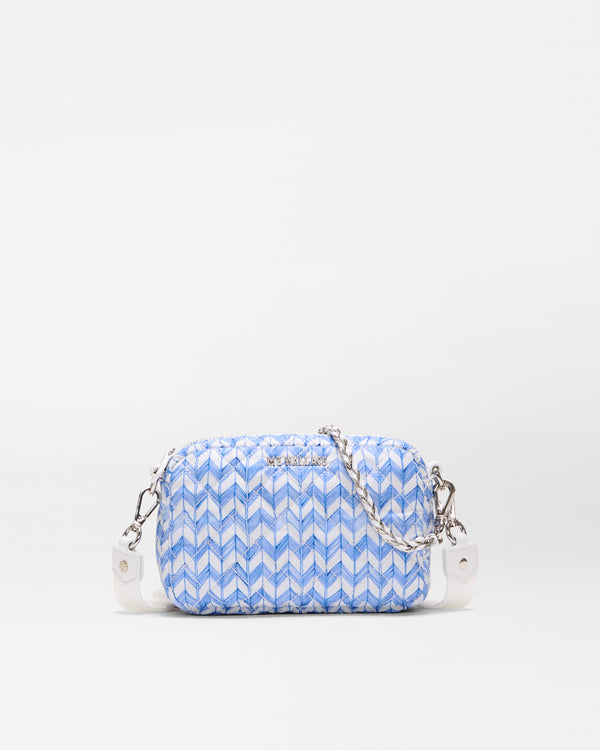 MZ Wallace | Mini Crosby | White with Porcelain Blue Komon Chevron Graphic | HandBag | Luxury Quilted Nylon Convertible Crossbody