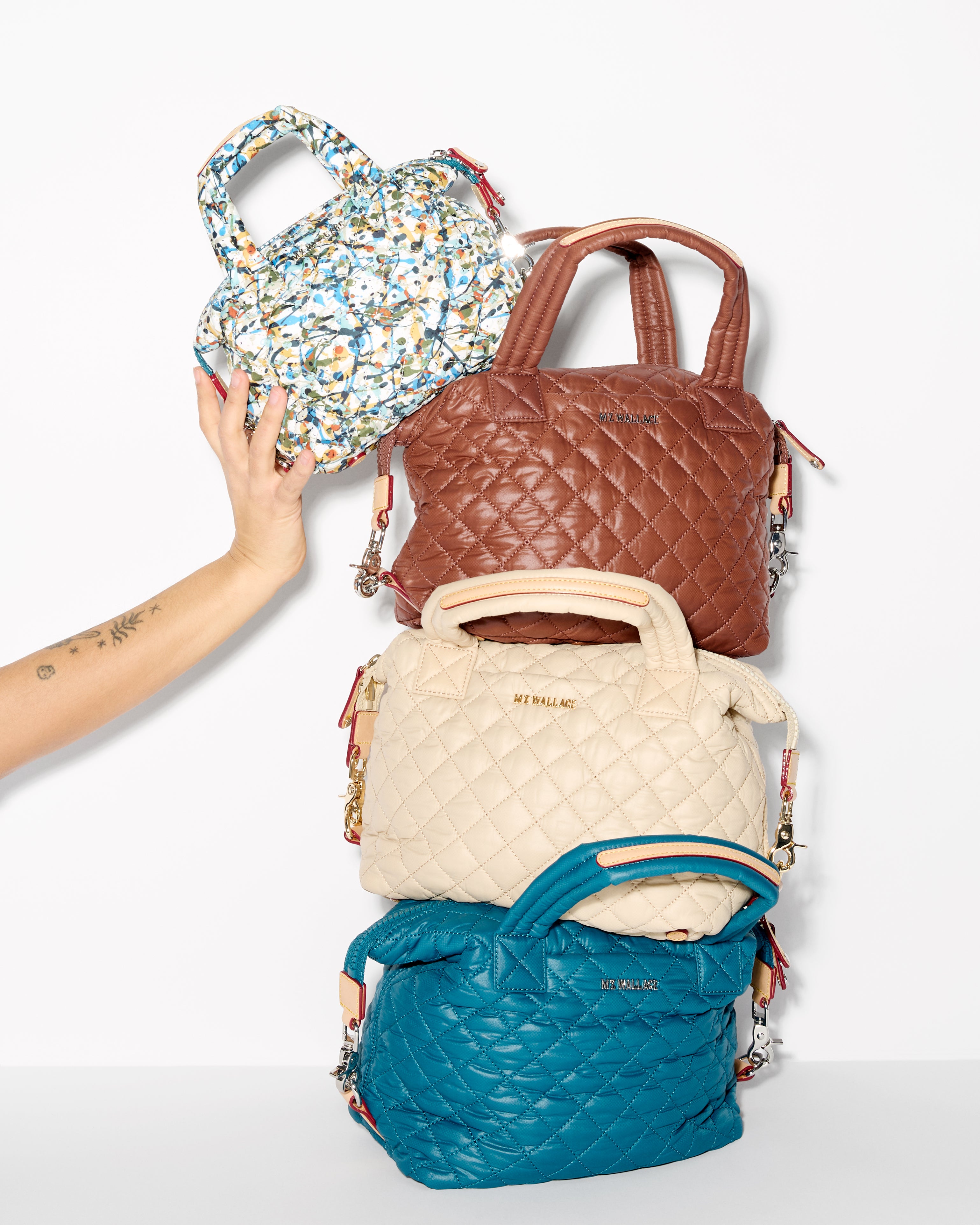 MZ Wallace | Sutton Deluxe | Terracotta | Pacific Blue | Buff | Club Paint | Quilted Nylon Convertible Handbags