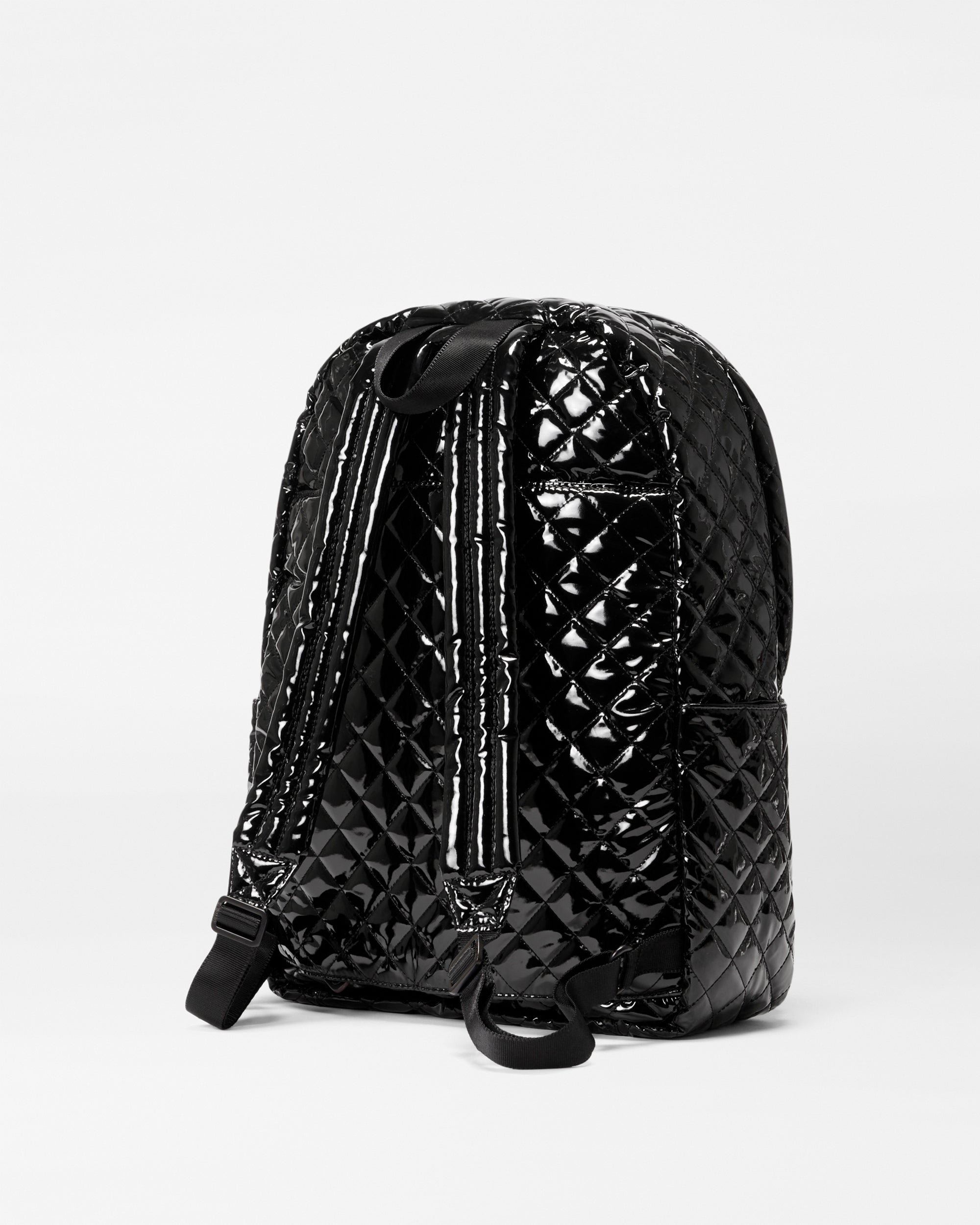 Back view of MZ Wallace Black Shiny Backpack with straps