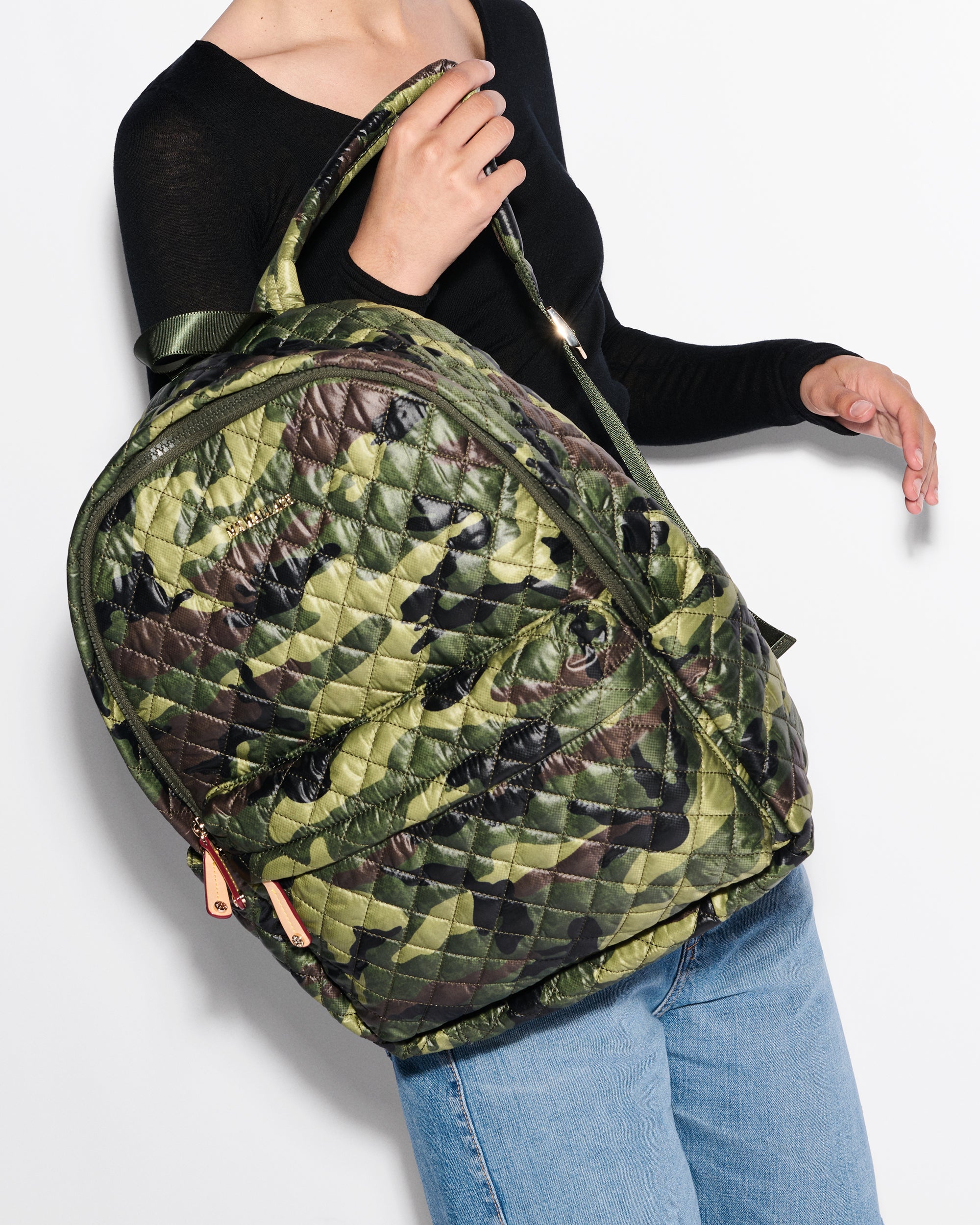 Model with Green Camo Backpack