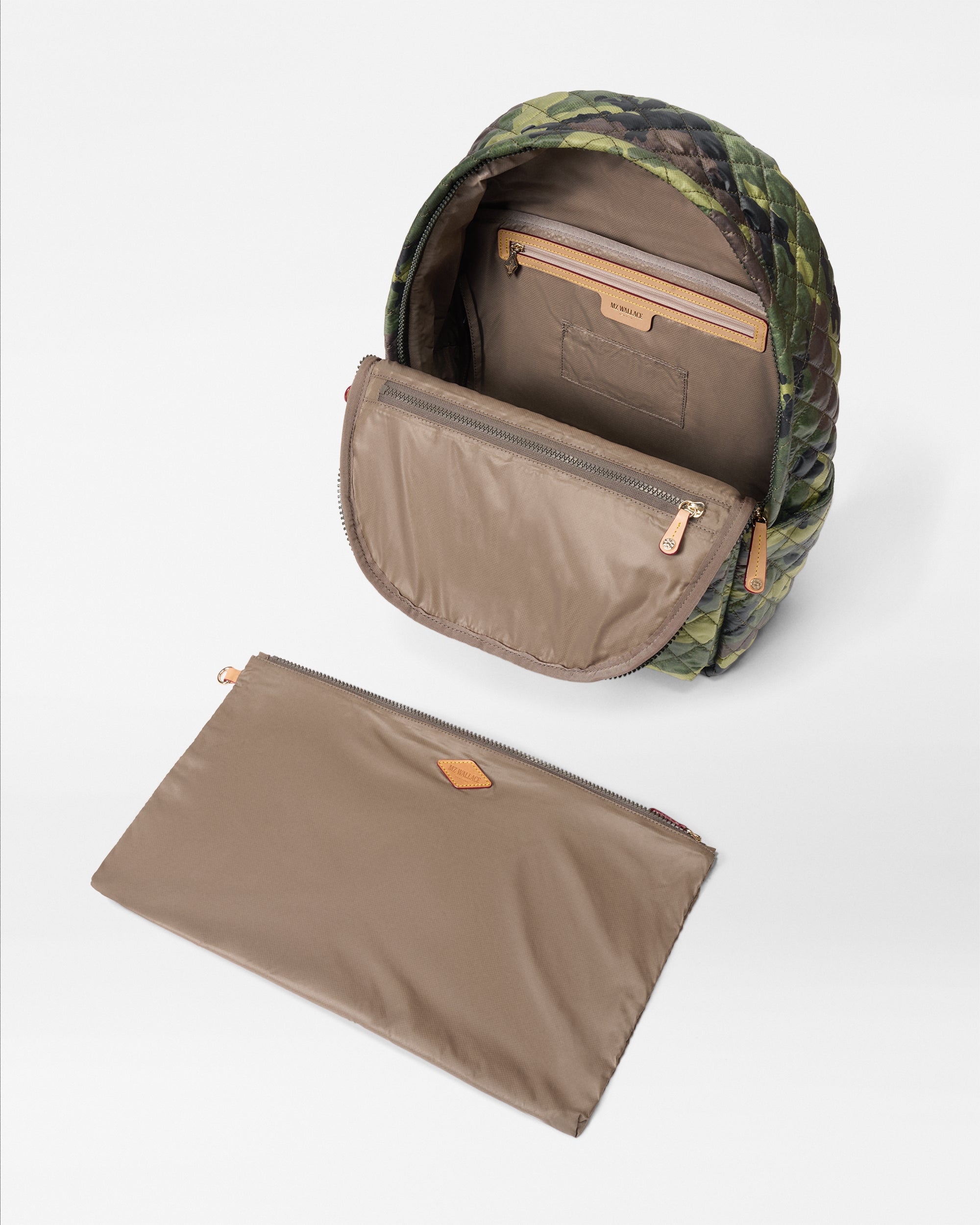 Inside of Green Camo Backpack with Large Matching Zip Pouch