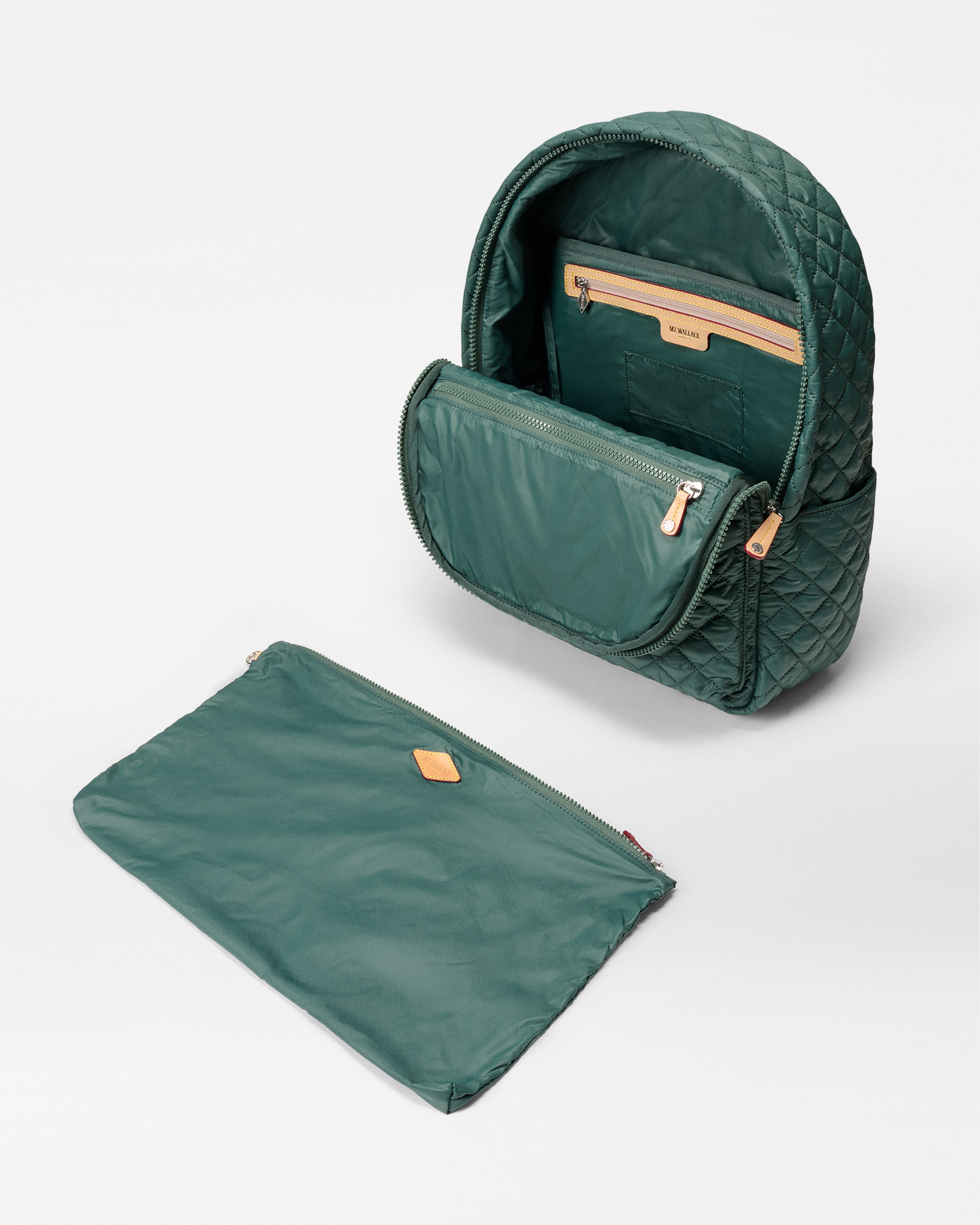 MZ Wallace Green Quilted Backpack open with accessory bag