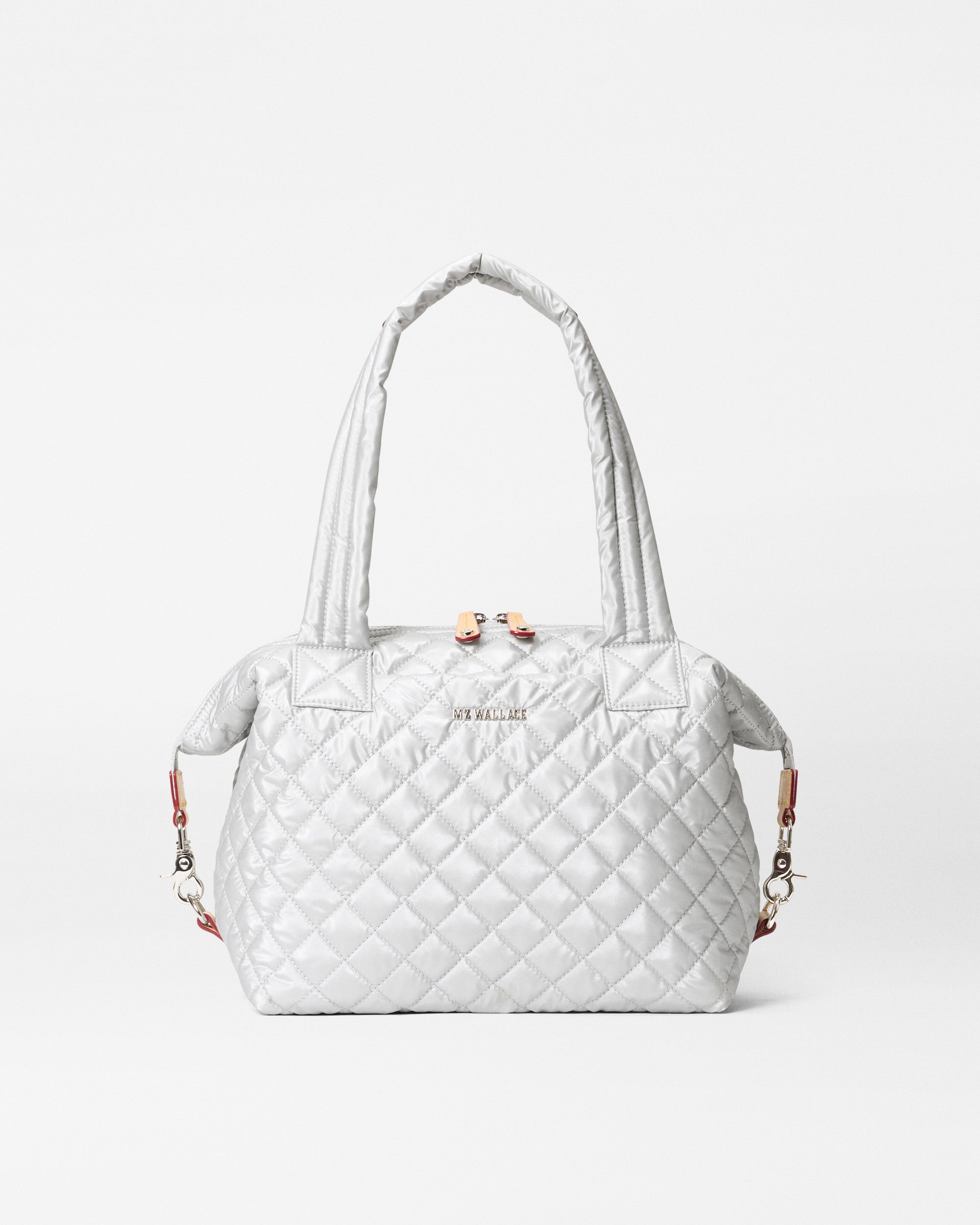 MZ Wallace Oyster Metallic Silver Medium Sutton Deluxe Handbag - Luxury Quilted Bag