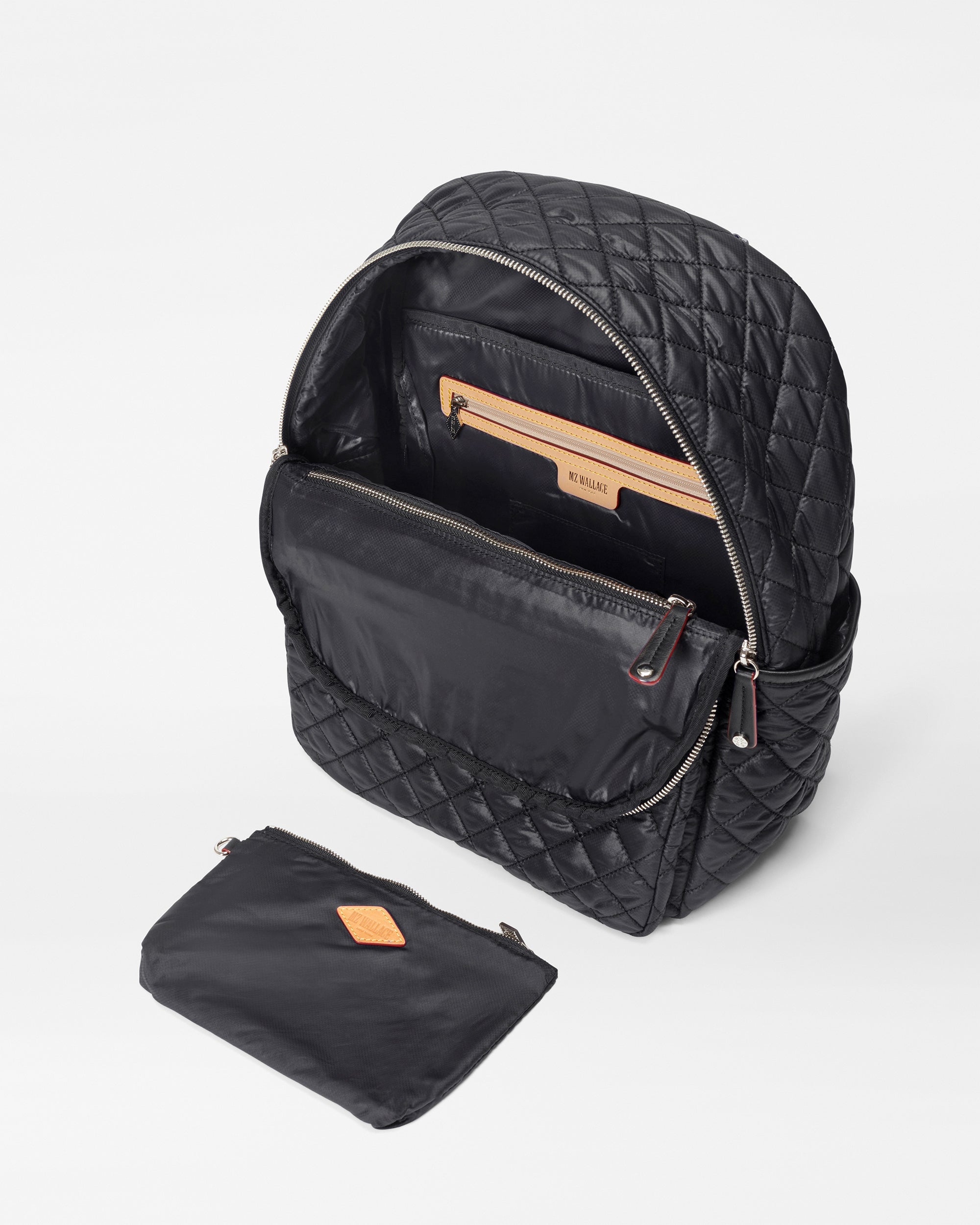 MZ Wallace Black Nylon Backpack open and accessories