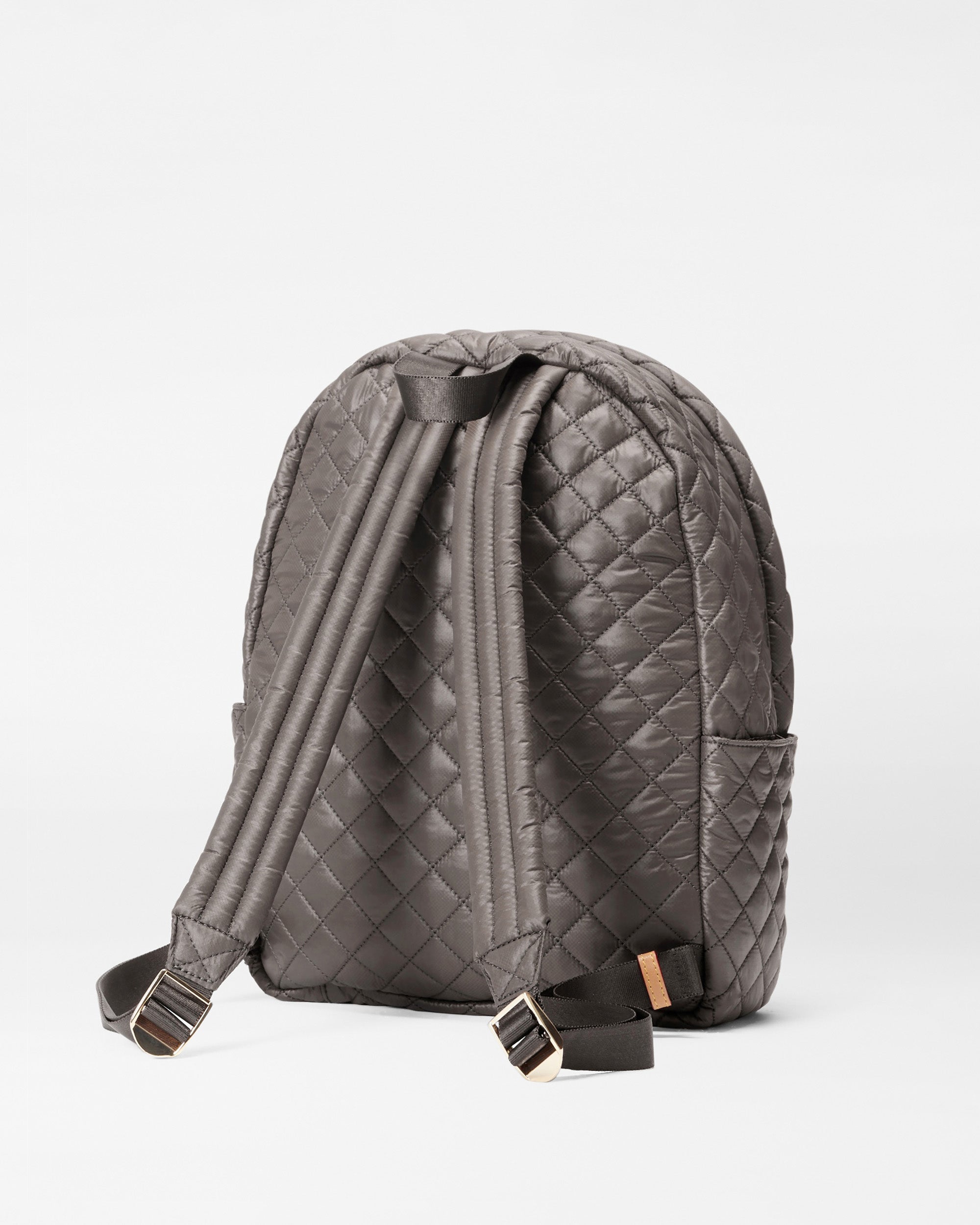 MZ Wallace Gray Quilted Backpack back view side with straps