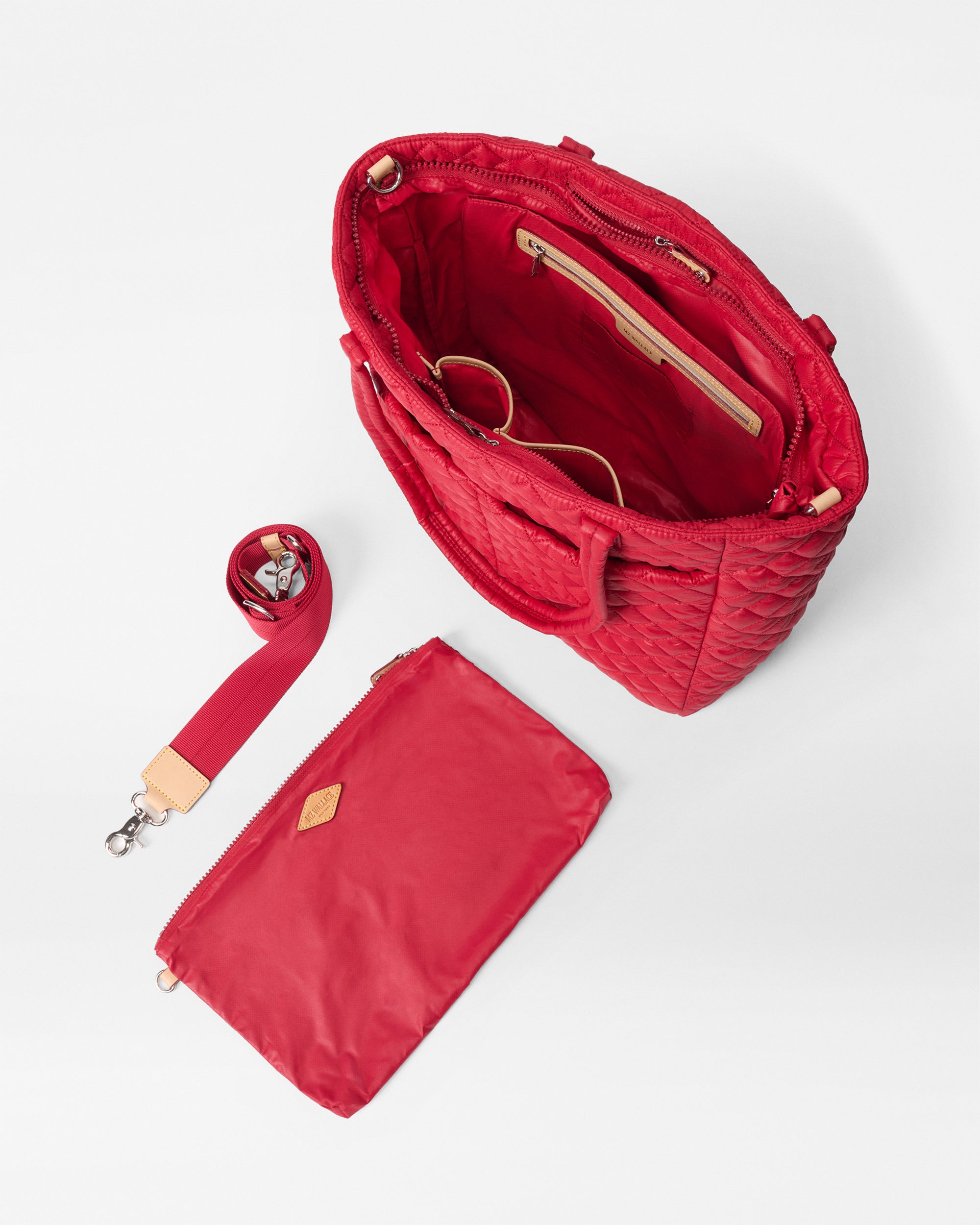 Large Red Shoulder Tote Bag Opened with Matching Attachable Shoulder Strap and Large Zip Pouch