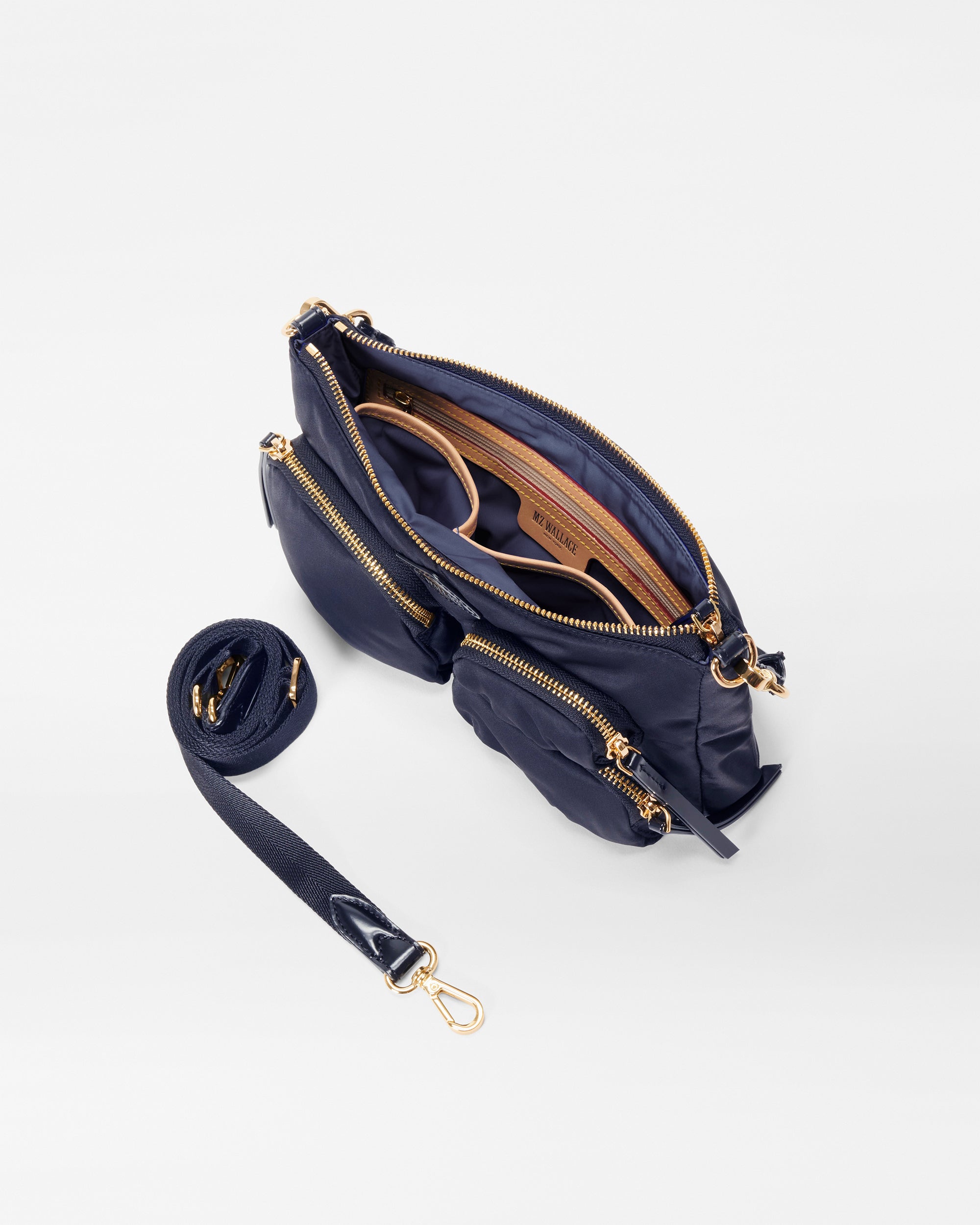 Inside view of MZ Wallace Blue Shoulder Purse with strap