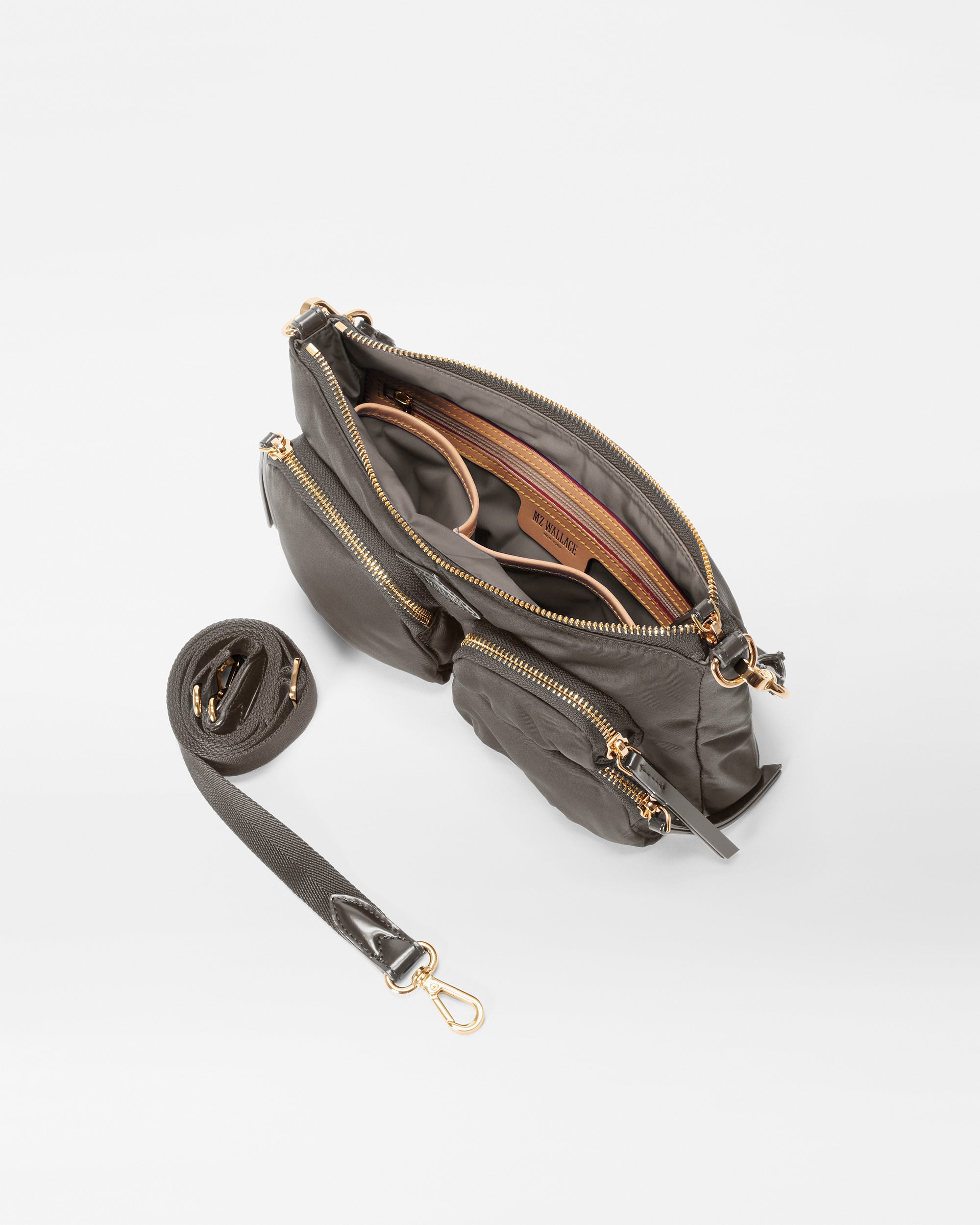 Interior of MZ Wallace Grey Shoulder Bag with strap