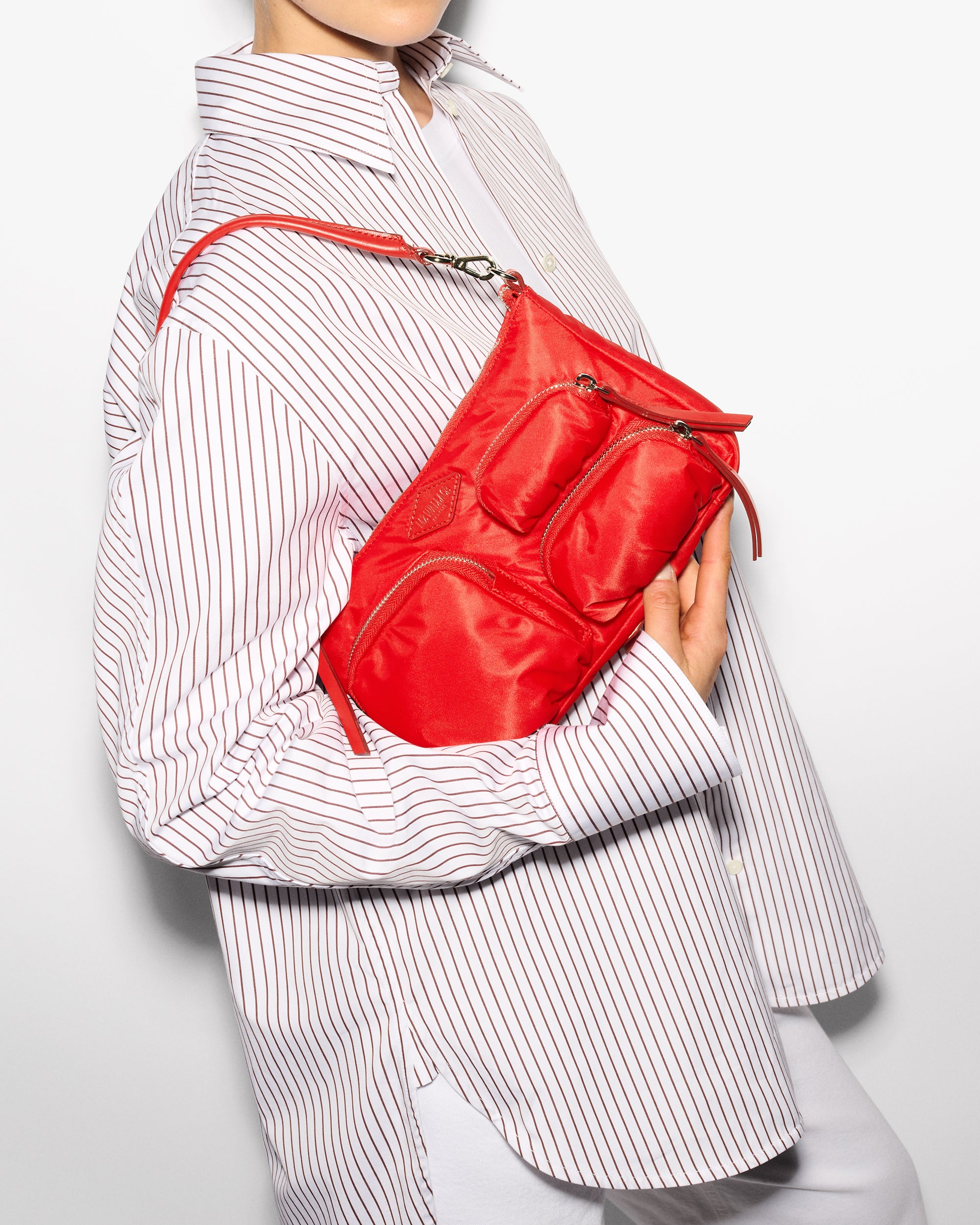 Woman wearing MZ Wallace Cherry Red Shoulder Bag 
