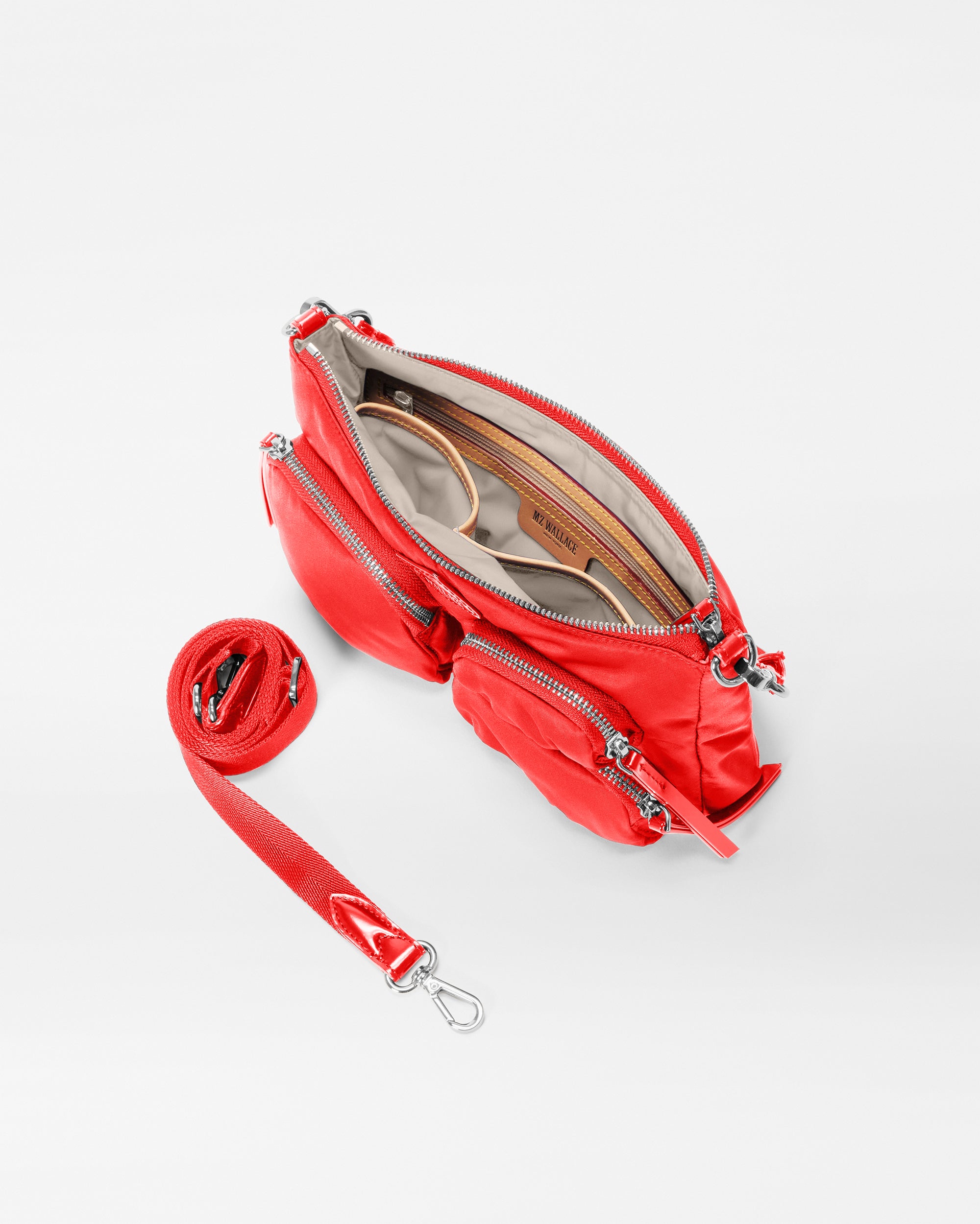 Inside view of MZ Wallace Cherry Red Shoulder Bag with detachable strap