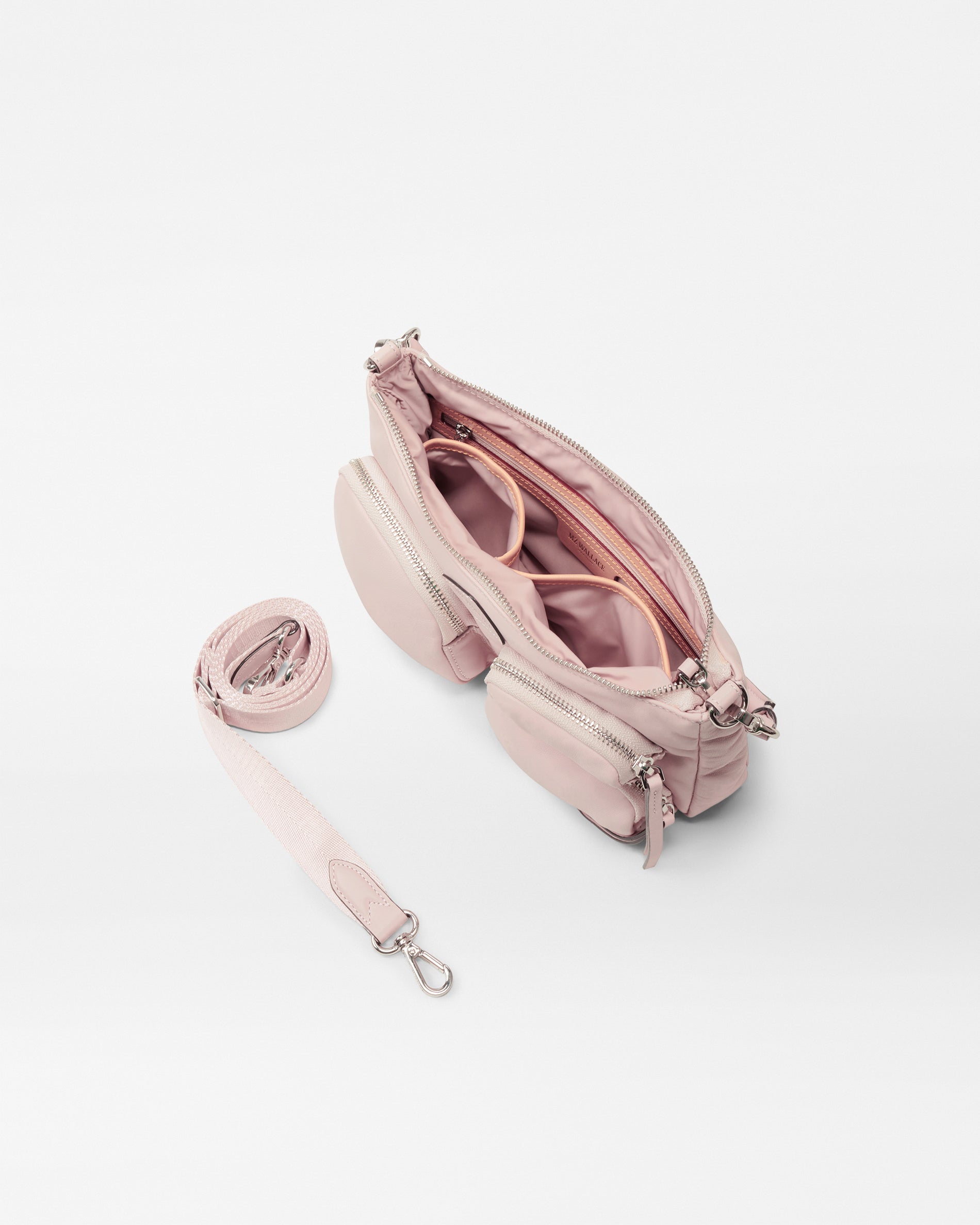 Interior view of MZ Wallace Pink Shoulder Bag with strap