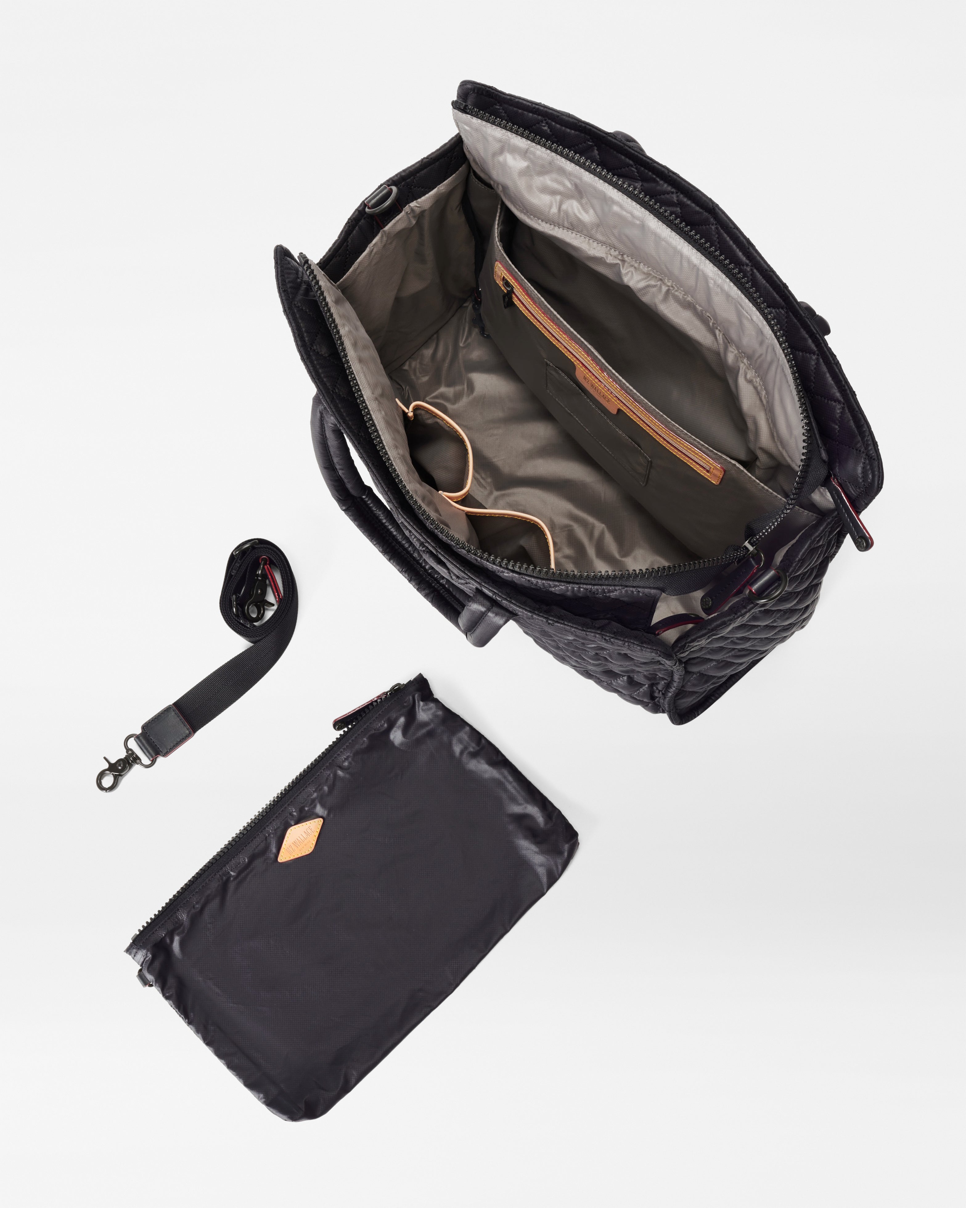 MZ Wallace Large Black Structured Tote Bag open with accessories