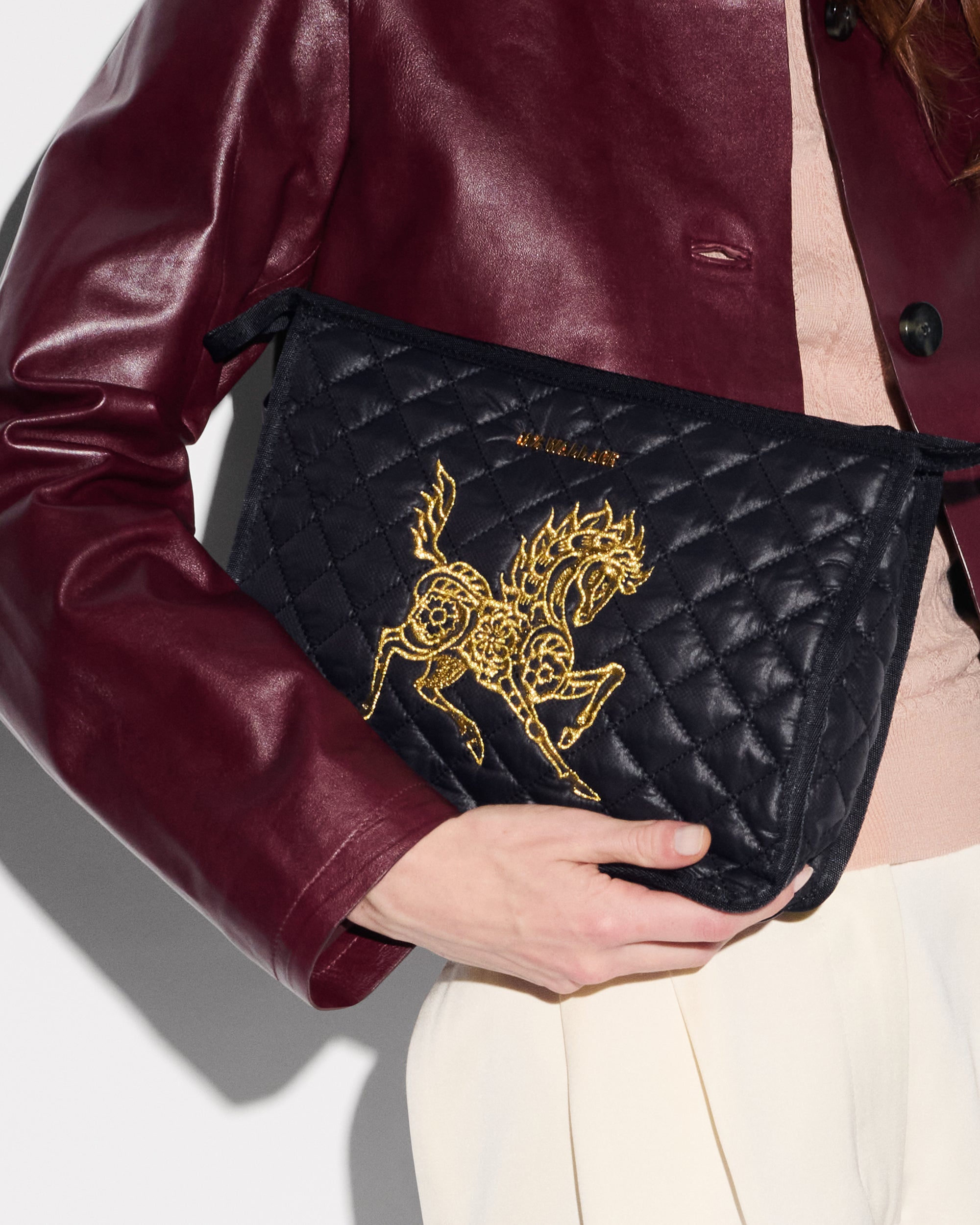 MZ Wallace | Lunar New Year | Chinese New Year | Year of the Horse | Fire Horse | Black Metro Clutch with Gold Metallic Embroidery
