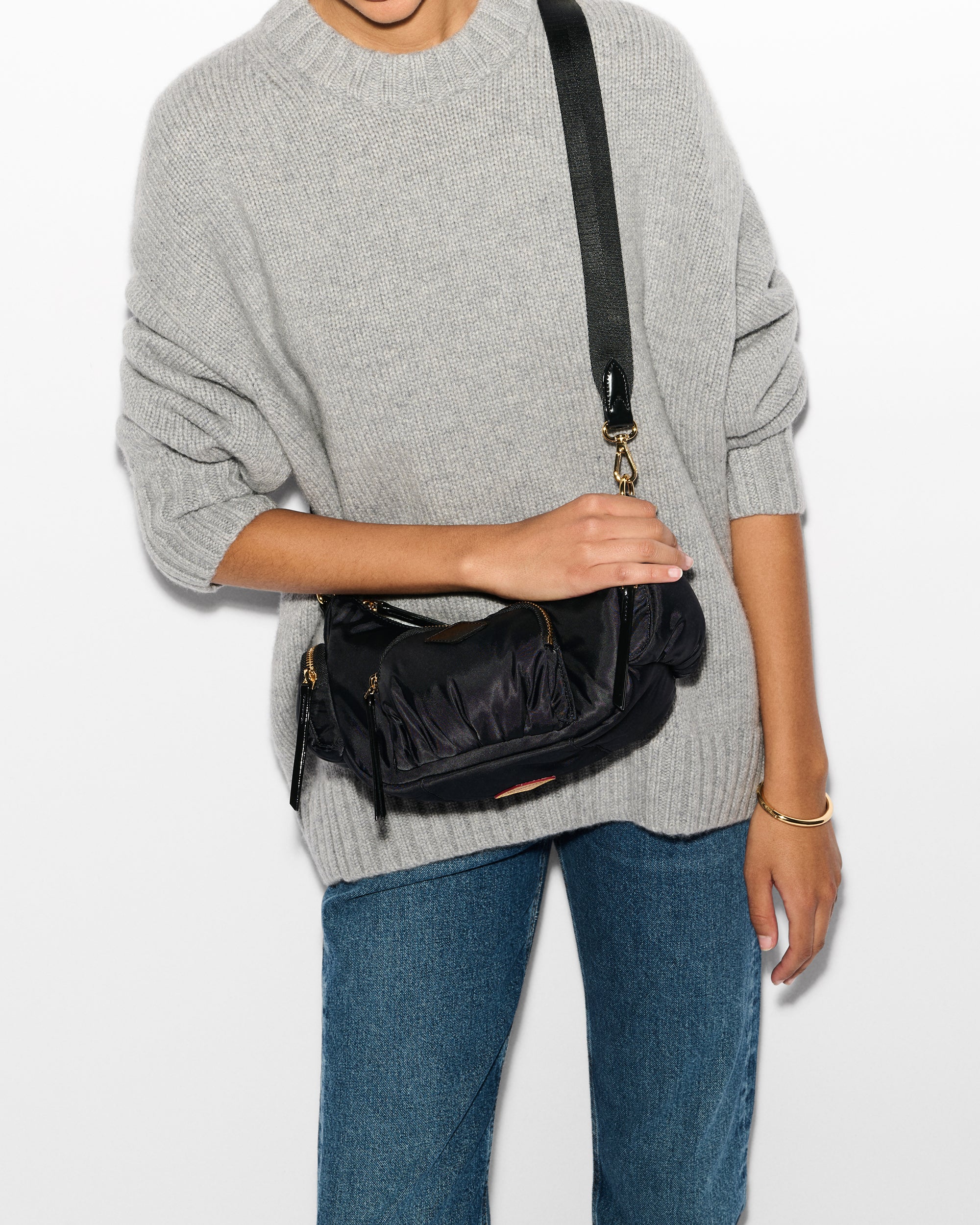 MZ Wallace Small Black Shoulder Bag worn as a crossbody