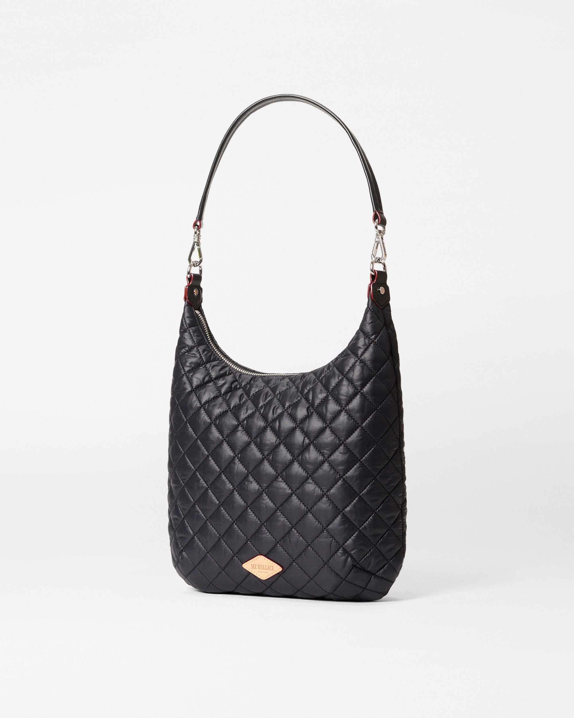 Back view of MZ Wallace Quilted Black Shoulder Bag with logo