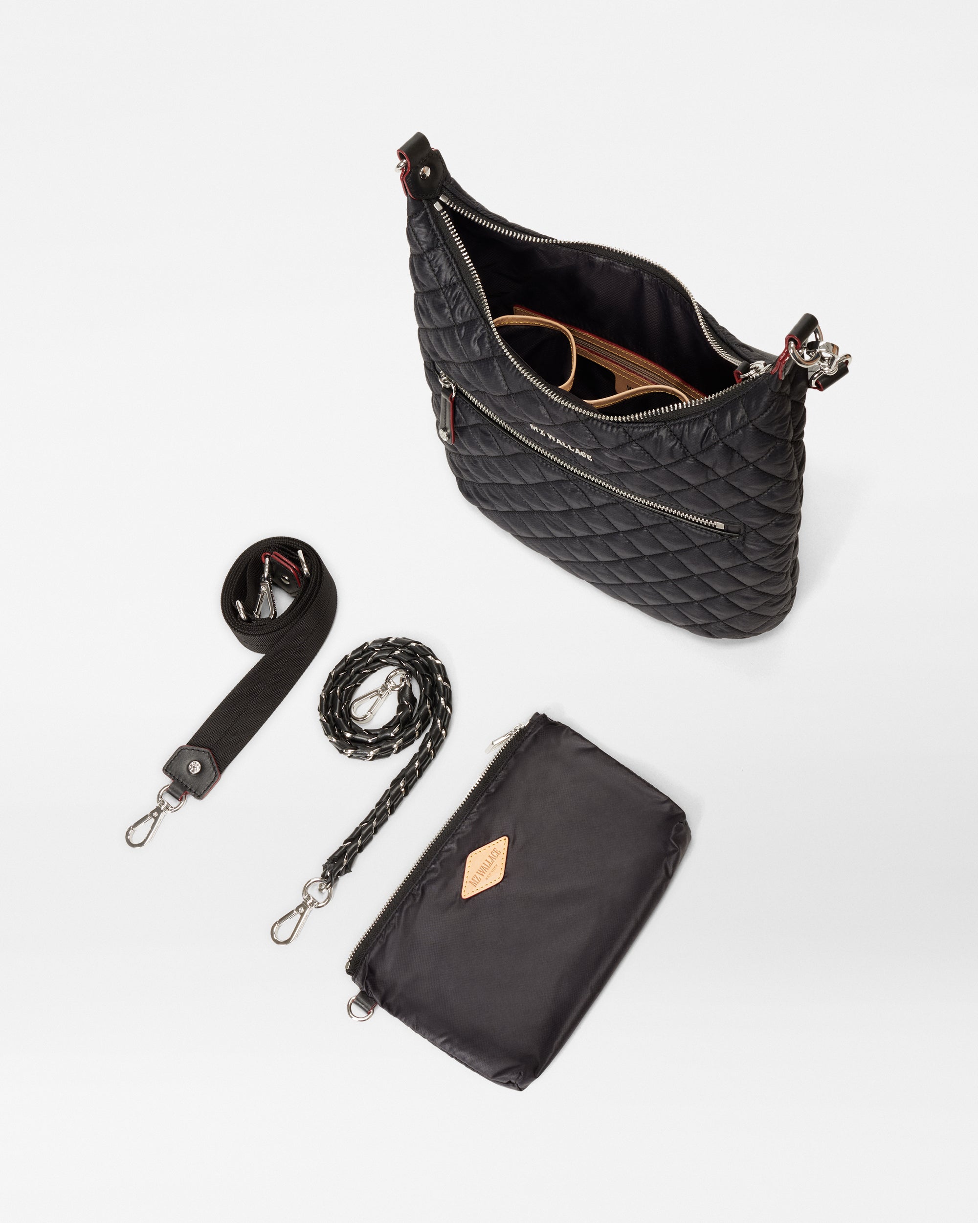MZ Wallace Quilted Black Shoulder Bag open with accessories