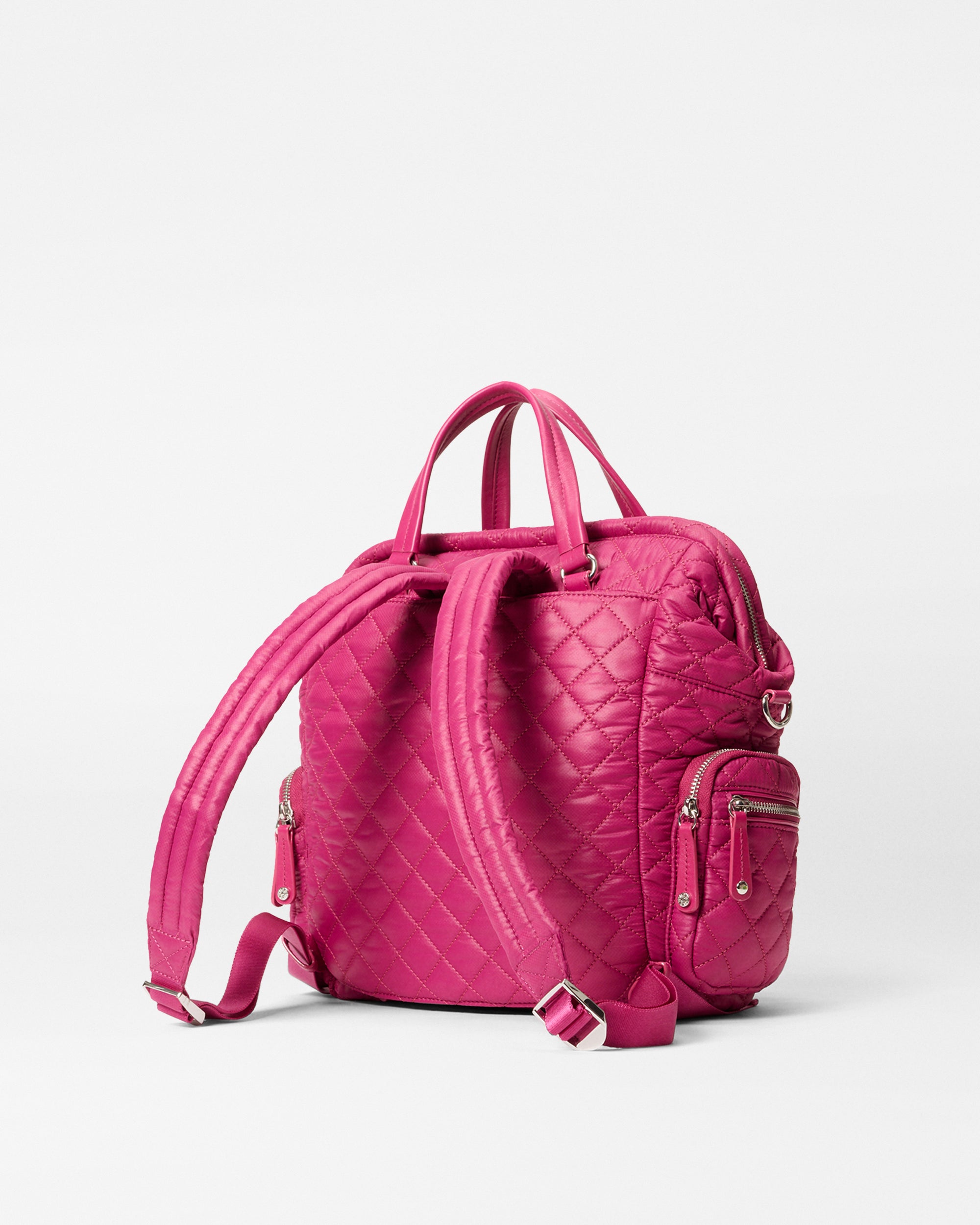 Back view of MZ Wallace Small Pink Backpack with straps