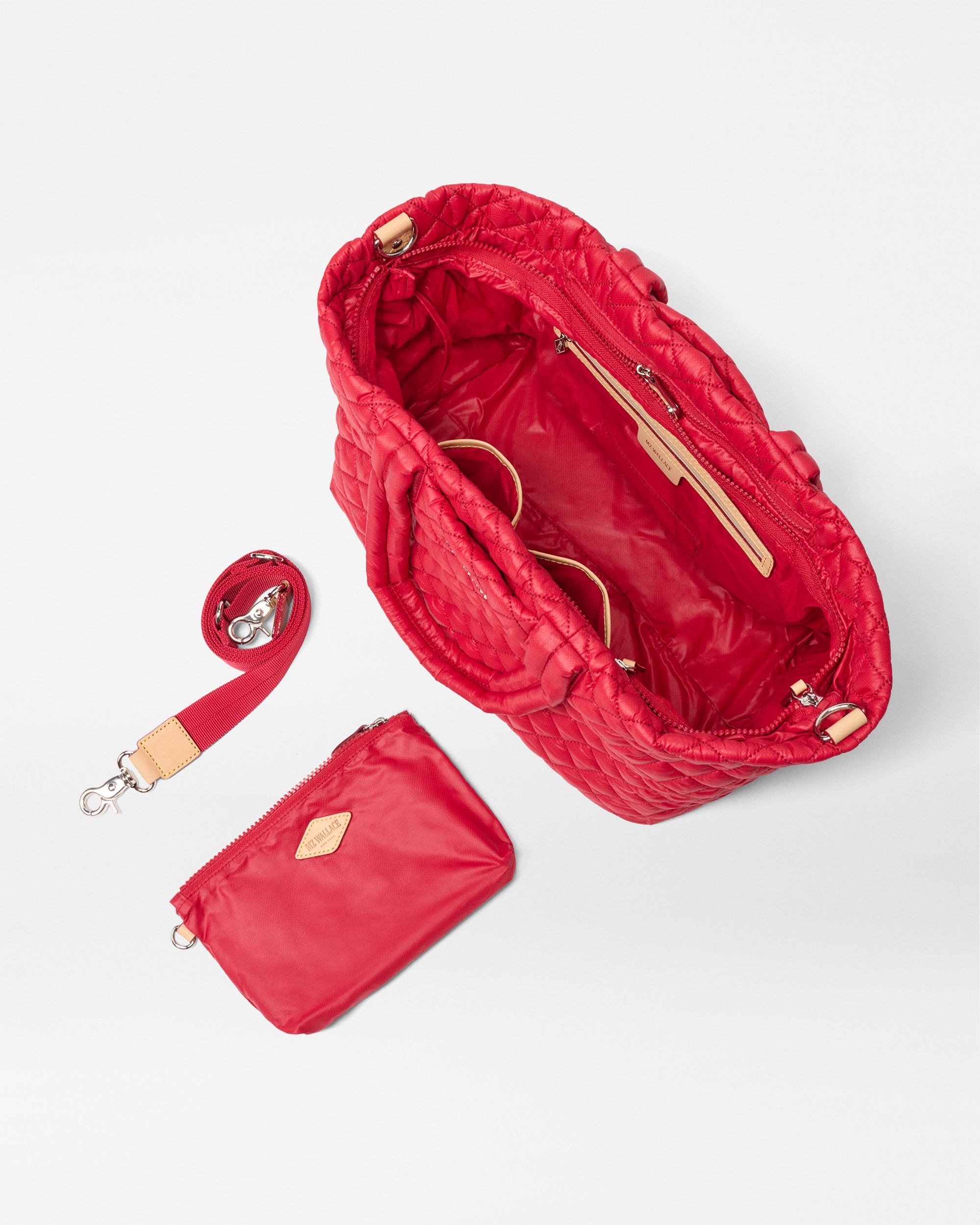 MZ Wallace Red Work Bag open with accessories