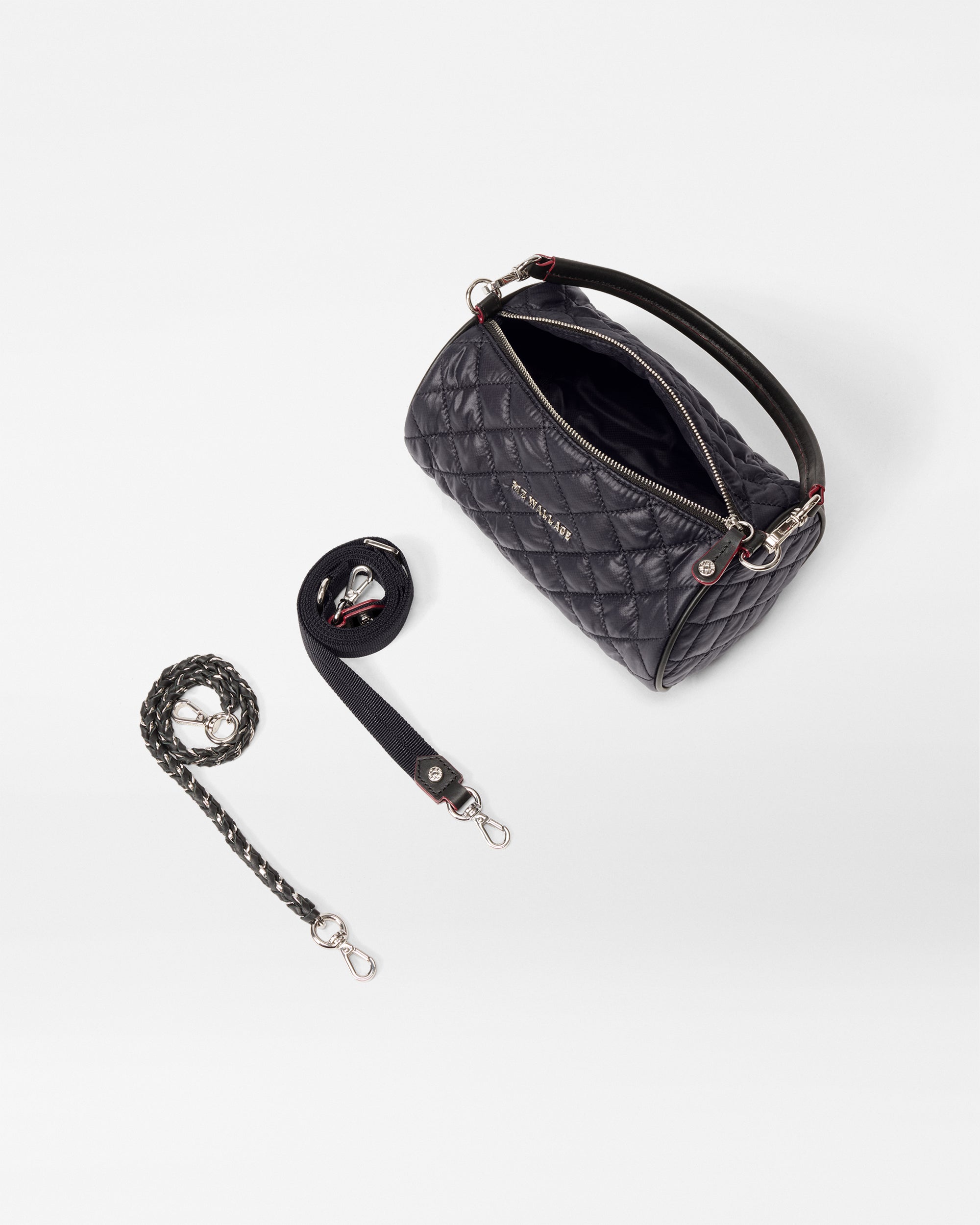 Black Crossbody Barrel Bag Opened with Matching Attachable Straps