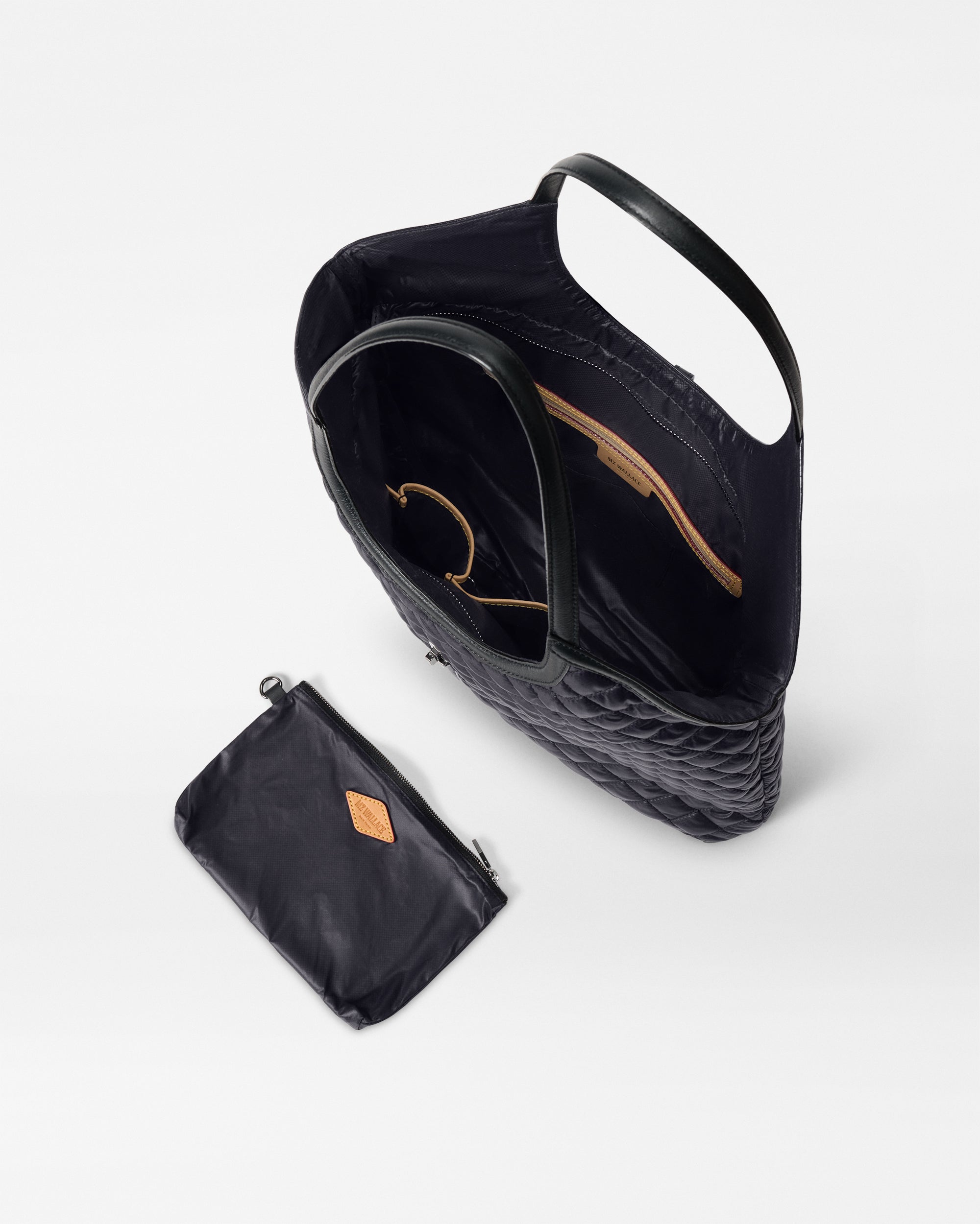 Inside of Large Black Astor Tote Handbag with Matching Zip Pouch 