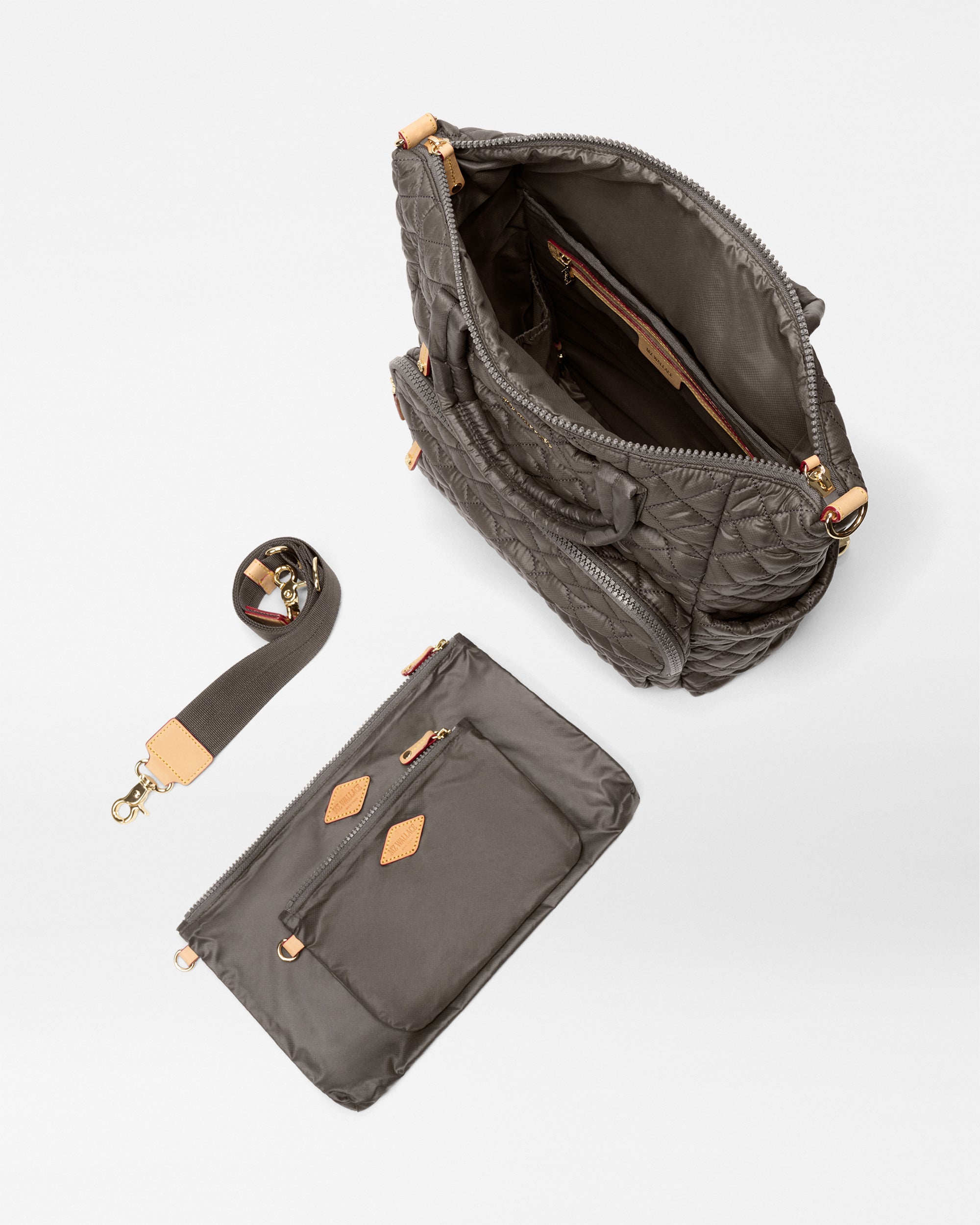 MZ Wallace Grey Backpack Purse open with accessories