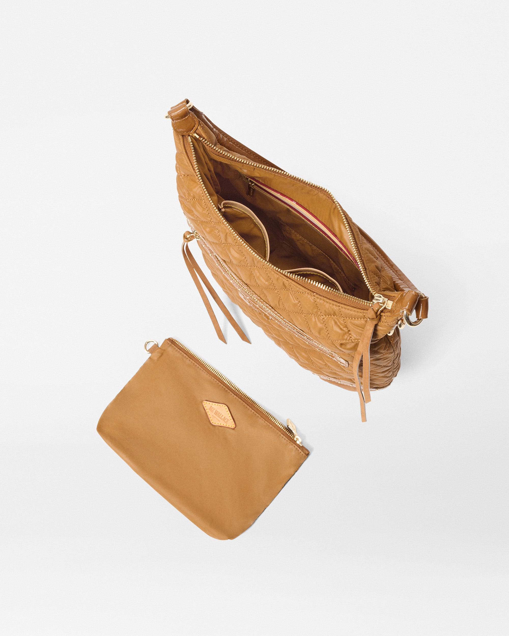 MZ Wallace Amber Shoulder Bag open with accessories