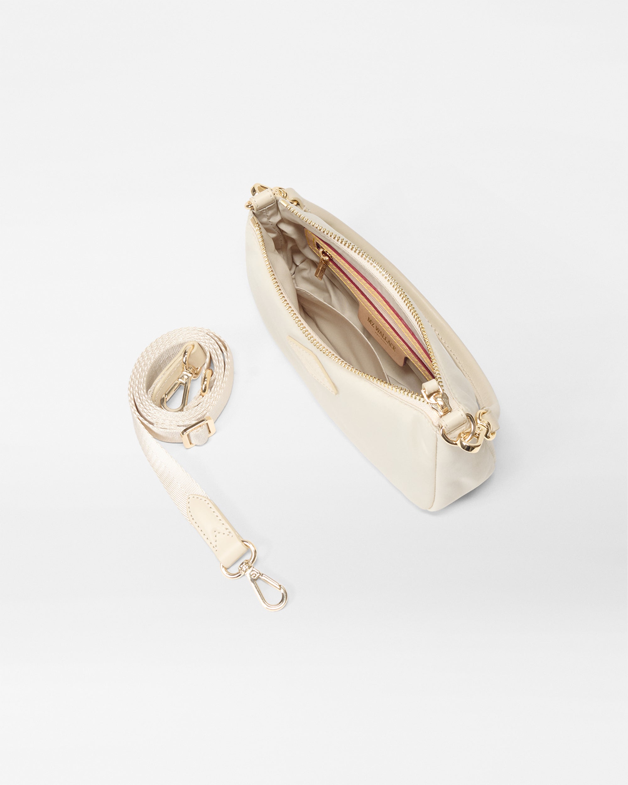 inside view of MZ Wallace Cream Mini Purse with strap