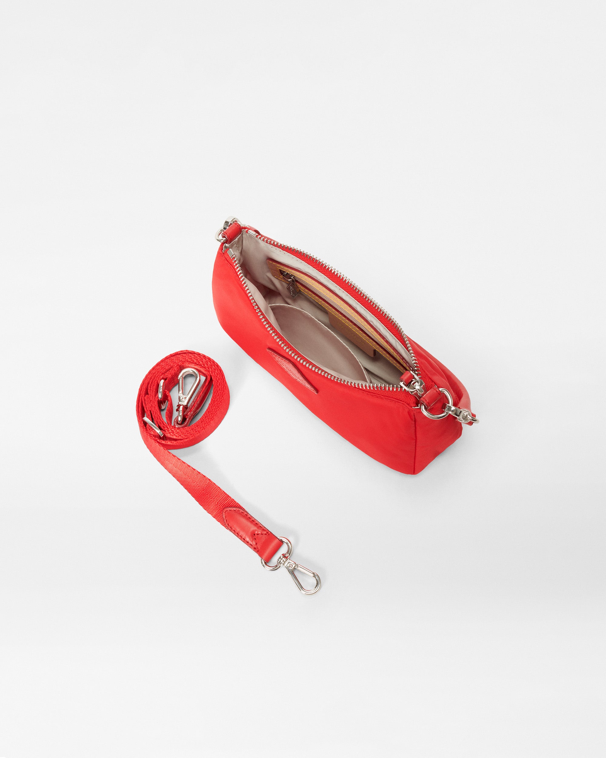 MZ Wallace Mini Red Shoulder Bag open with strap accessory