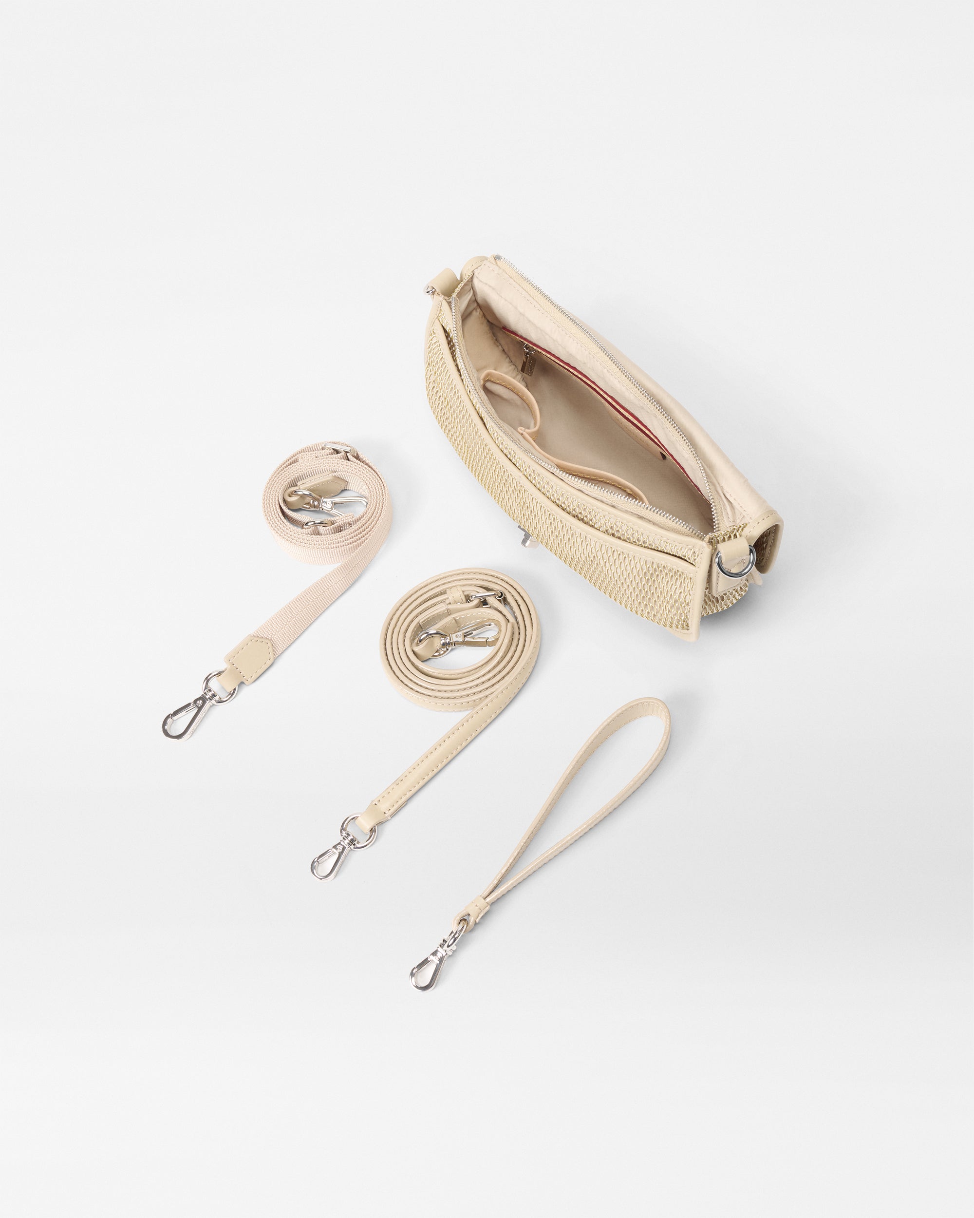 Light Tan Convertible Clutch Bag Opened with Matching Attachable Straps