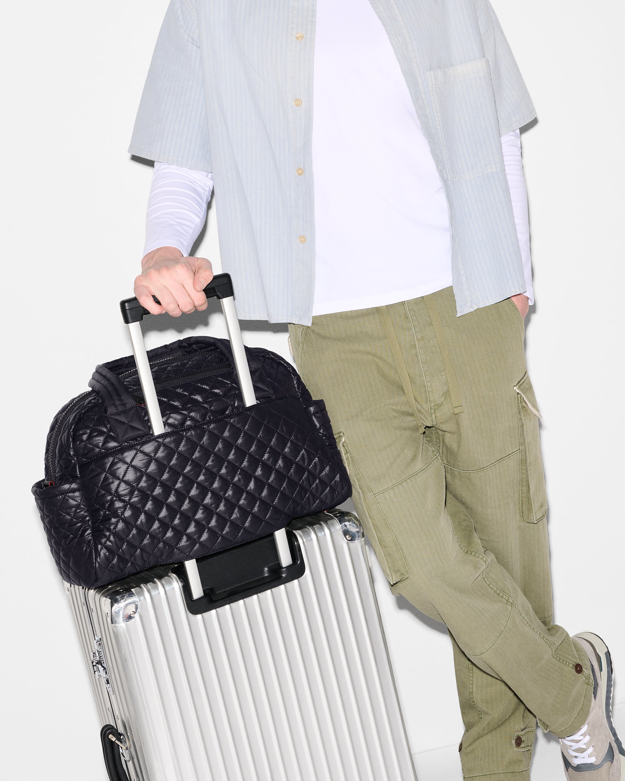 MZ Wallace Black Travel Duffle Bag on suitcase