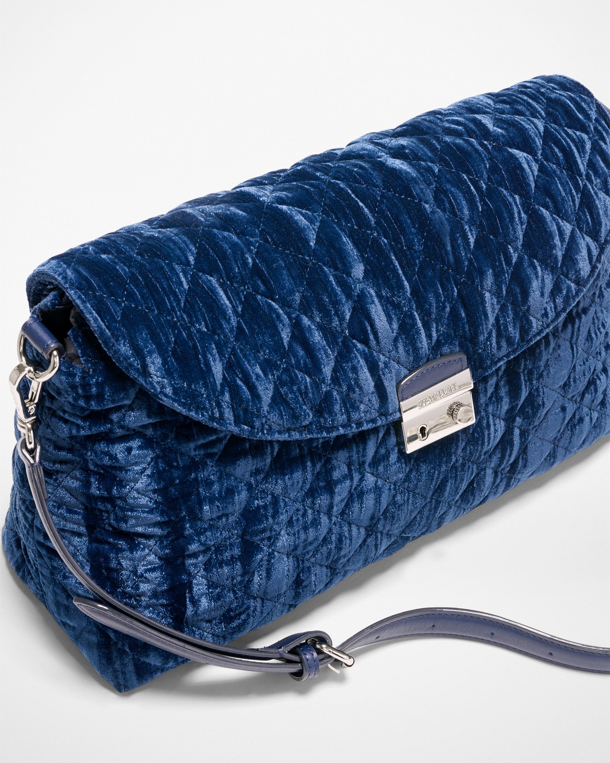 Close up details of MZ Wallace Blue Velvet Bag