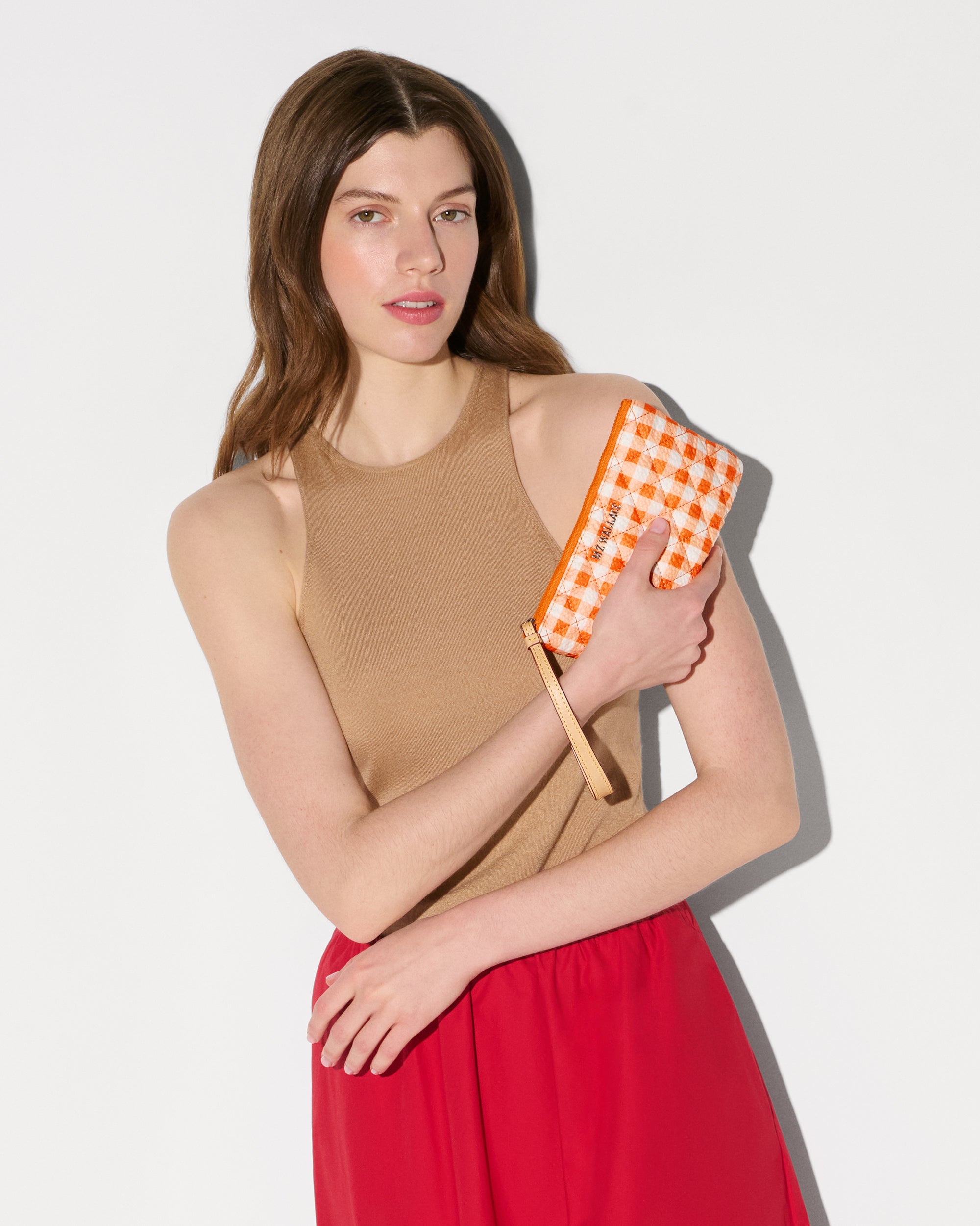 Sunset Orange Gingham Flat Metro Wristlet