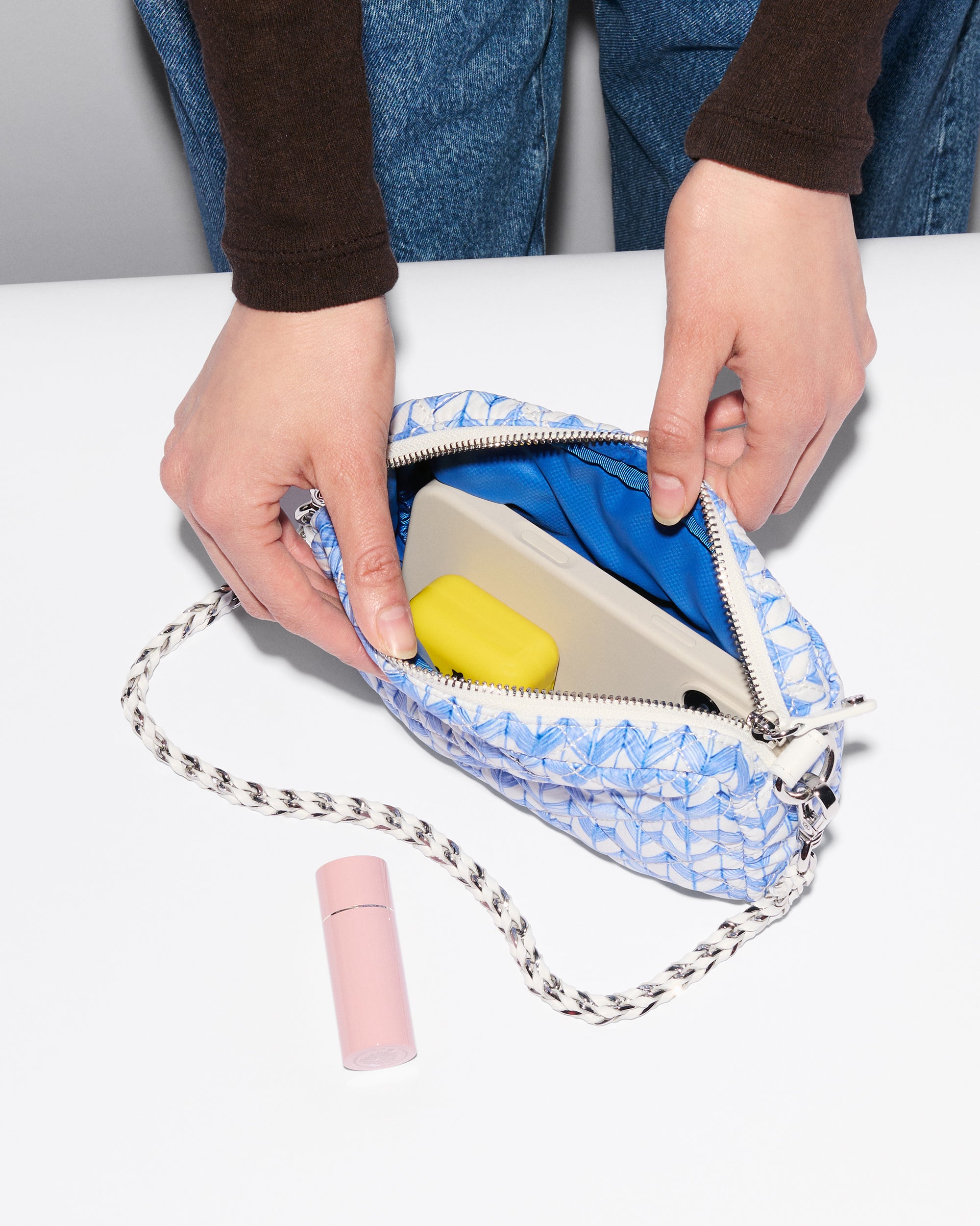 MZ Wallace | Mini Crosby | White with Porcelain Blue Komon Chevron Graphic | HandBag | Luxury Quilted Nylon Convertible Crossbody 