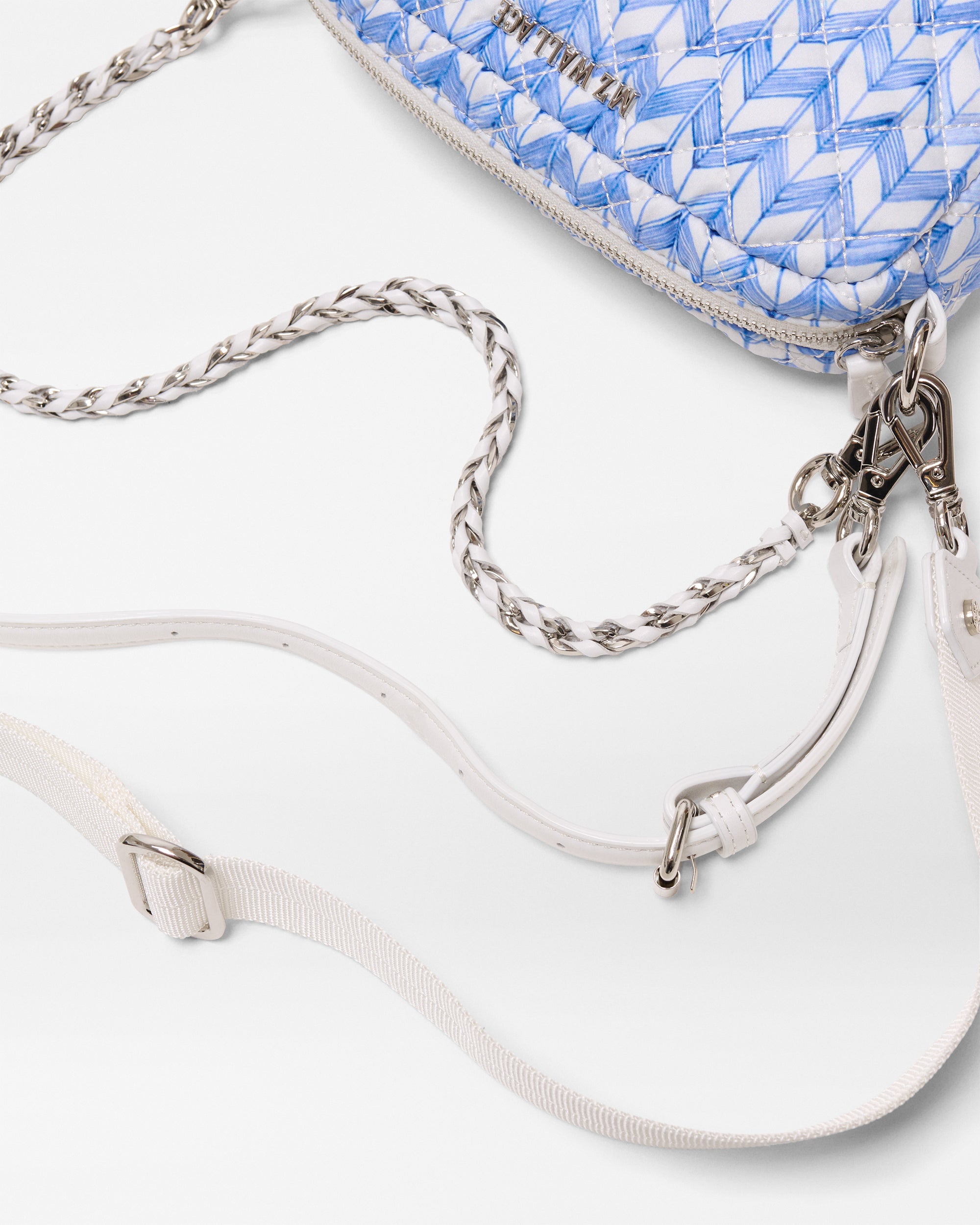 MZ Wallace | Mini Crosby | White with Porcelain Blue Komon Chevron Graphic | HandBag | Luxury Quilted Nylon Convertible Crossbody 