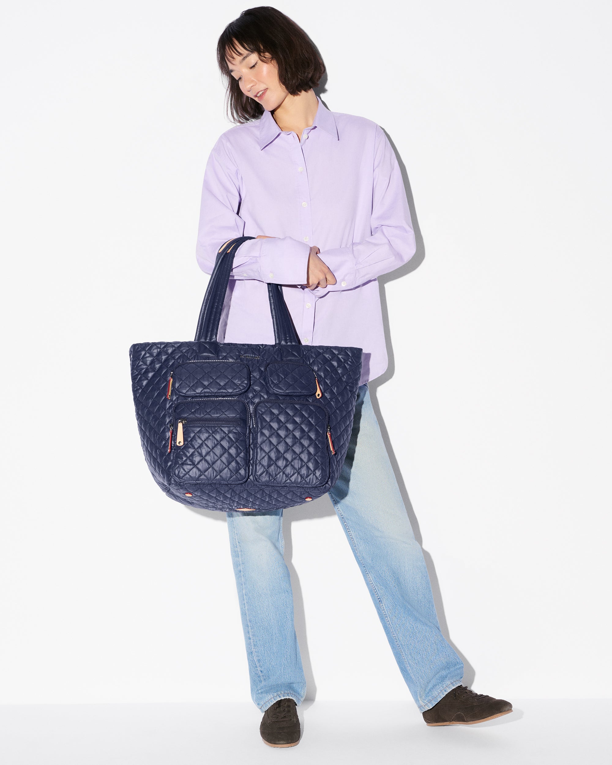 MZ Wallace | Navy Large Metro Travel Tote | Luggage Sleeve | Exterior Pocket | Carry On Bags and Totes