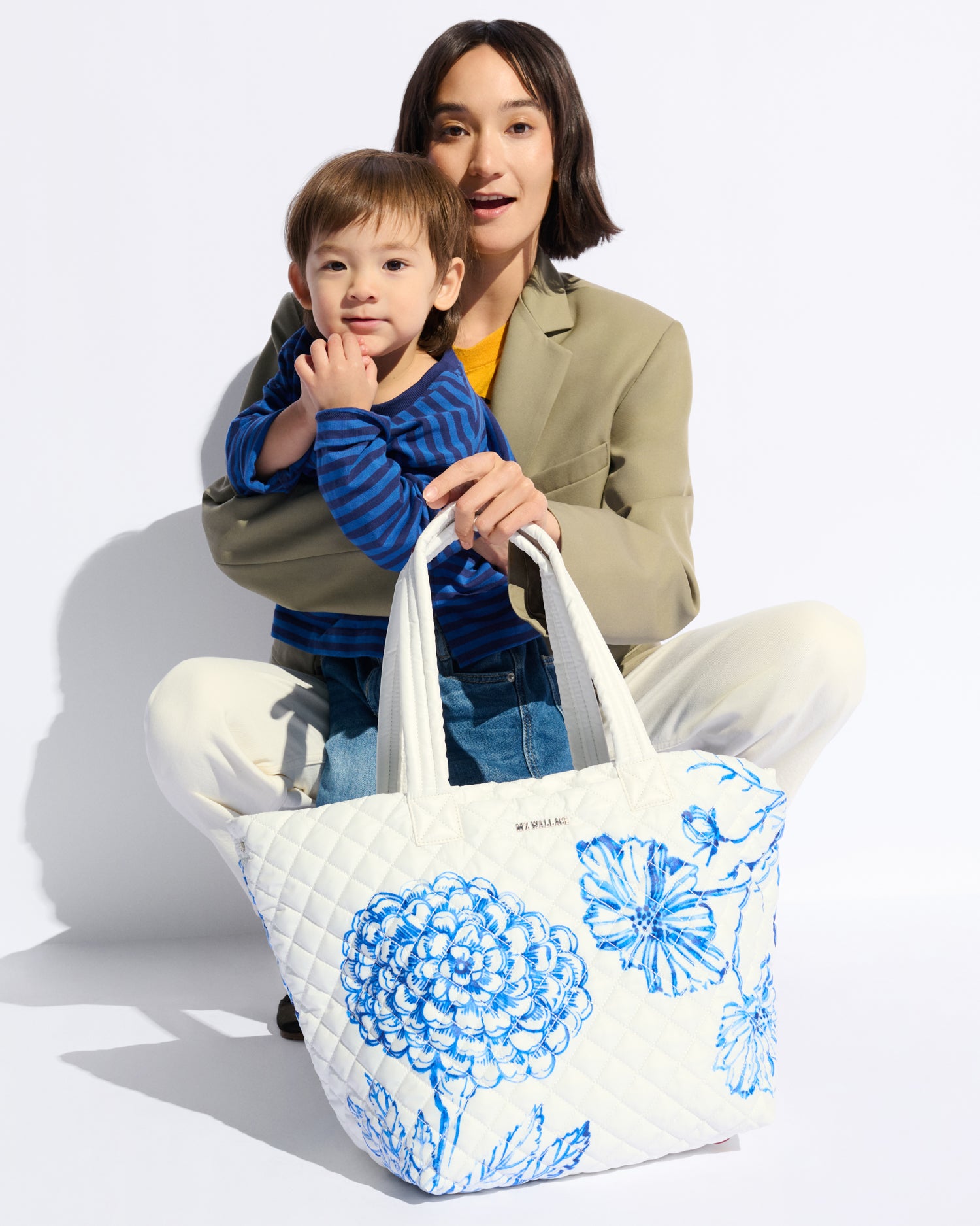 MZ Wallace | Medium Metro Tote Deluxe | White with Porcelain Blue Floral Graphic | HandBag | Luxury Quilted Nylon Convertible Crossbody Shoulder Tote Handbag