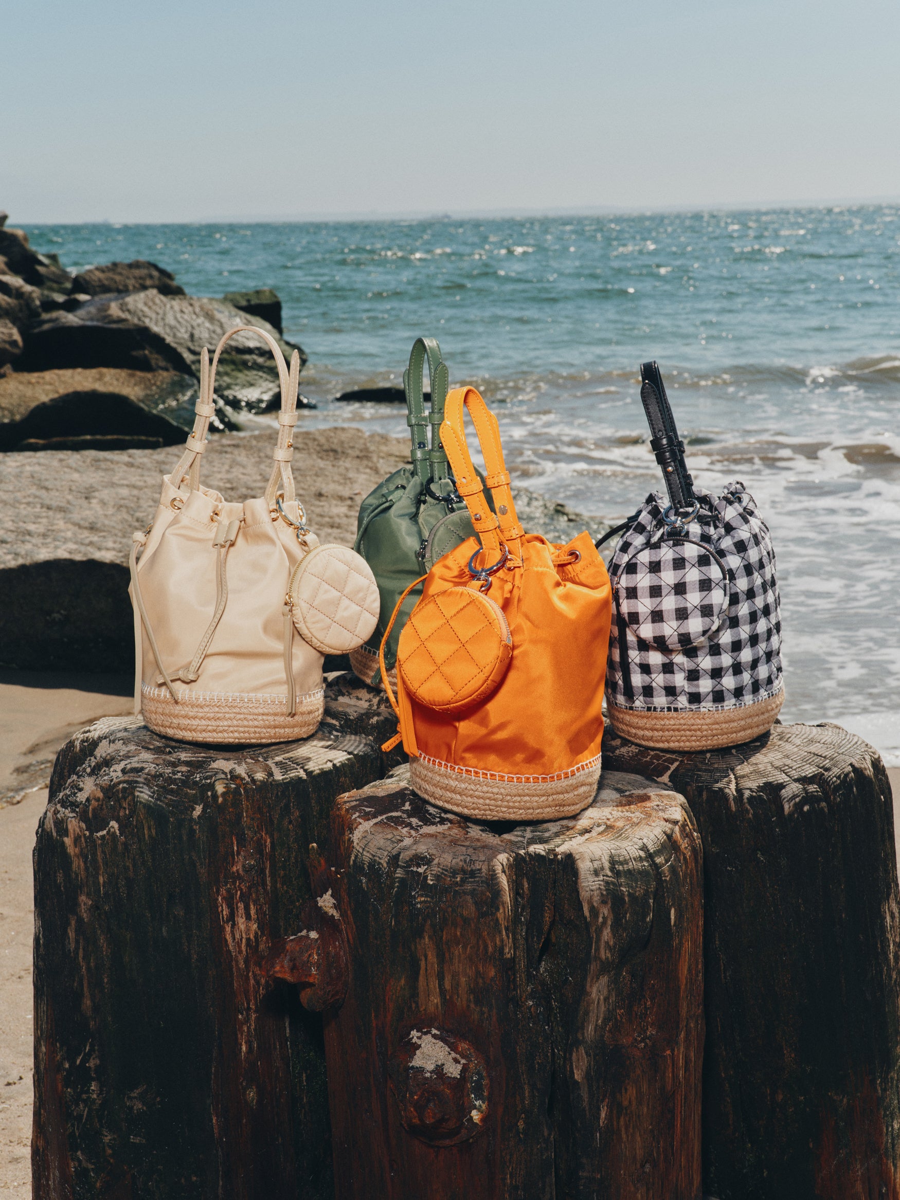 MZ Wallace | Waverly Espadrille Bucket Bag | Buff | SUnset Orange | Agave Green | Black White Gingham | MIni Bag | Crossbody