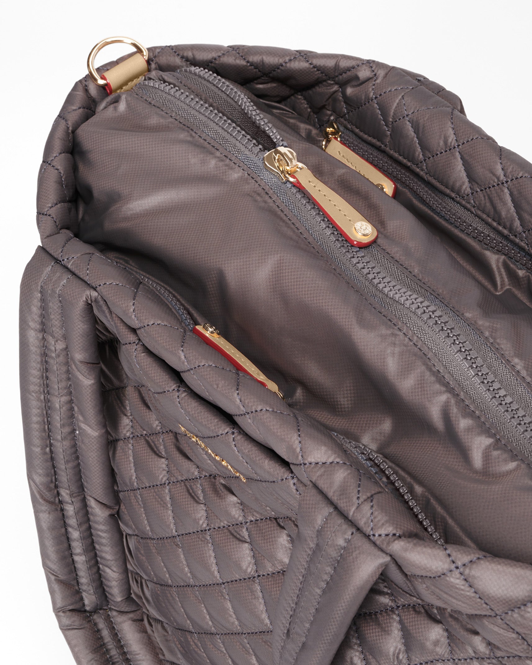 MZ Wallace Designer Gray Tote Bag zipper close up 