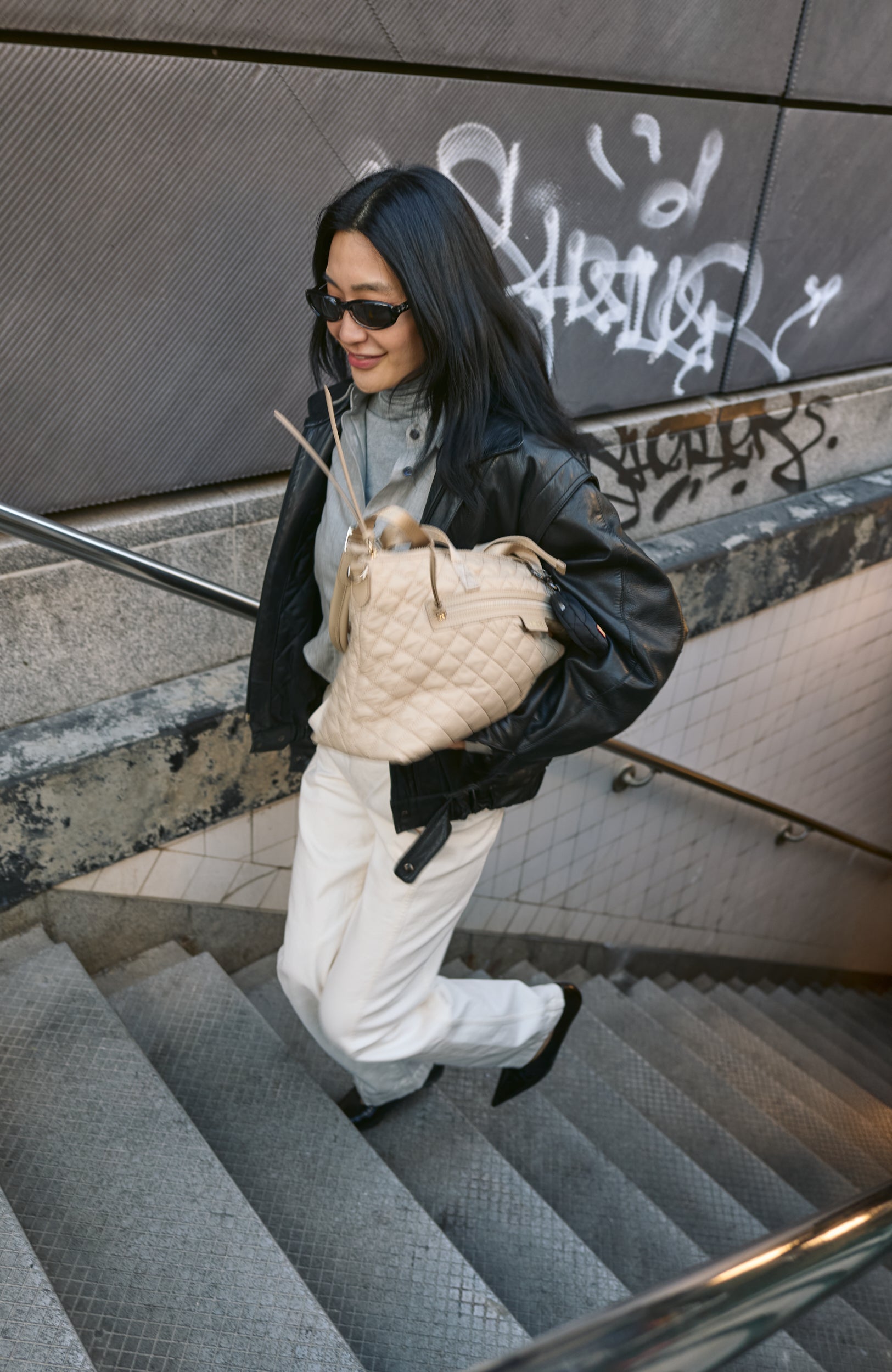 MZ Wallace | MZW Community | Laura Jung | Buff Medium Park Satchel | Top Handle Bag | Shoulder Bag