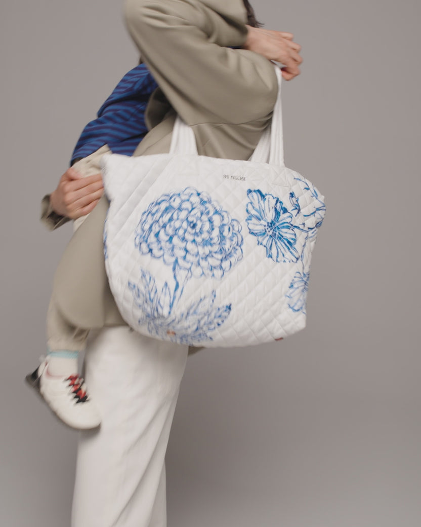 MZ Wallace | Mother's Day Gifts | White with Porcelain Blue Floral Print Graphic Medium Metro Tote | Tote Bag | Everyday Travel Handbag