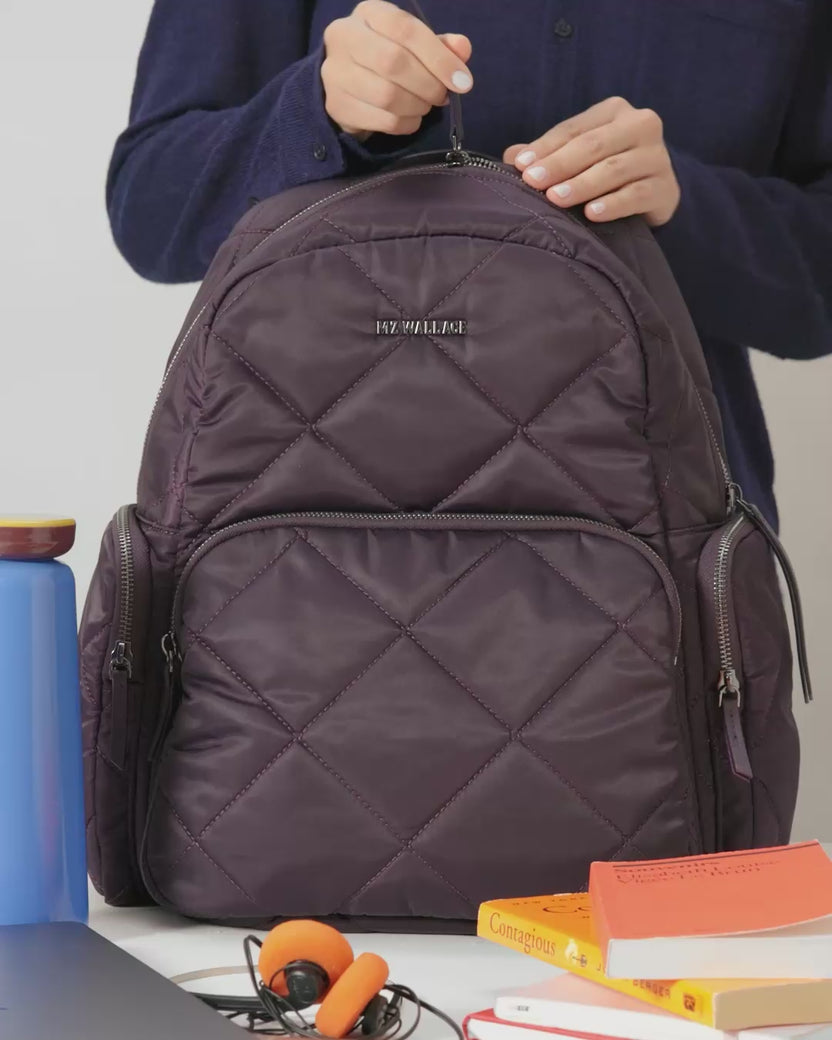 MZ Wallace | Raisin Madison Backpack | What's in my Bag? | Everyday Essentials | Quilted Nylon Backpack