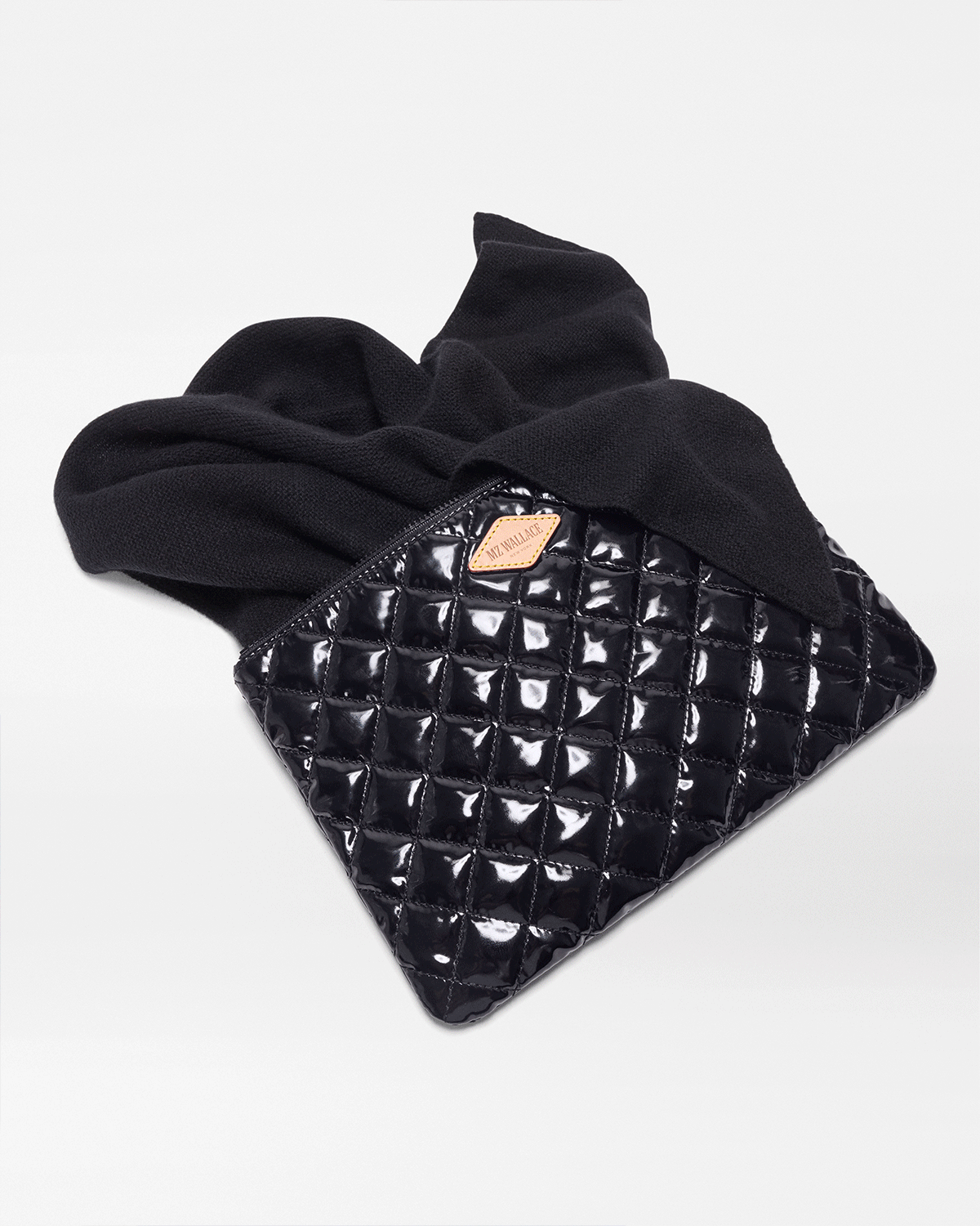 MZ Wallace | Black Cashmere Scarf and Hat with Black Lacquer Pouch