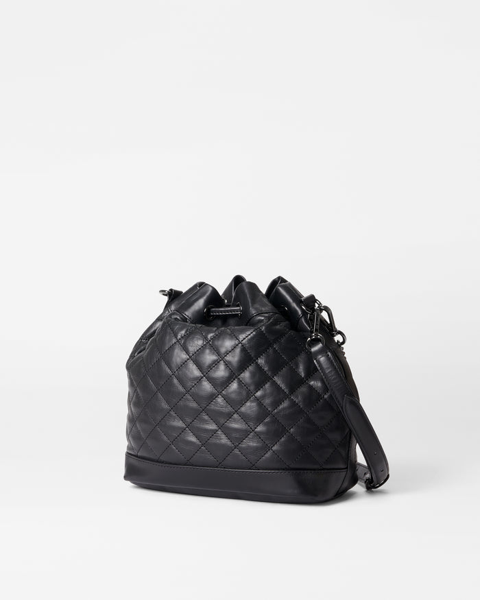 Black Quilted Leather Small Drawstring Bucket Bag - MZ WALLACE