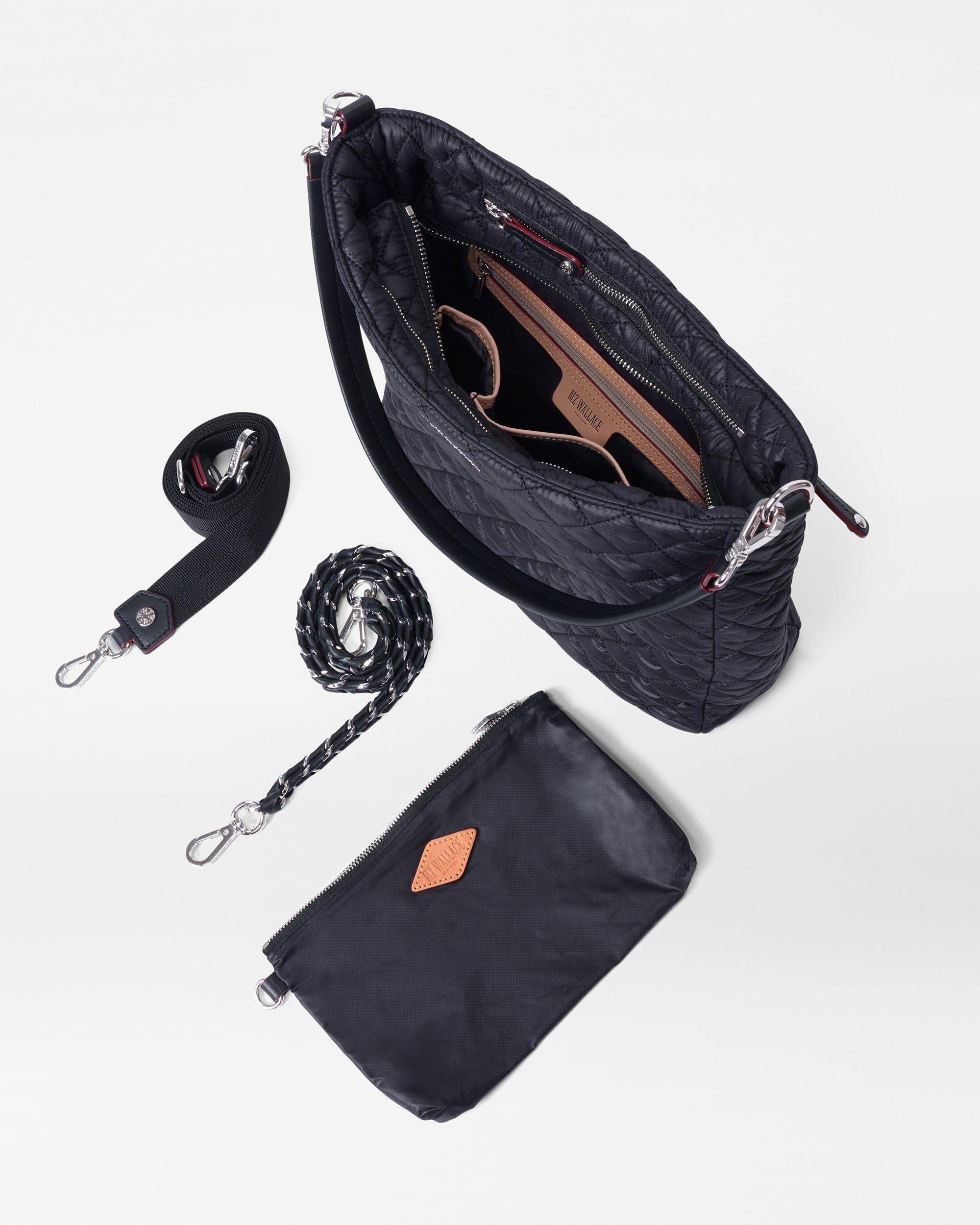 MZ Wallace Black Work Handbag open with accessories