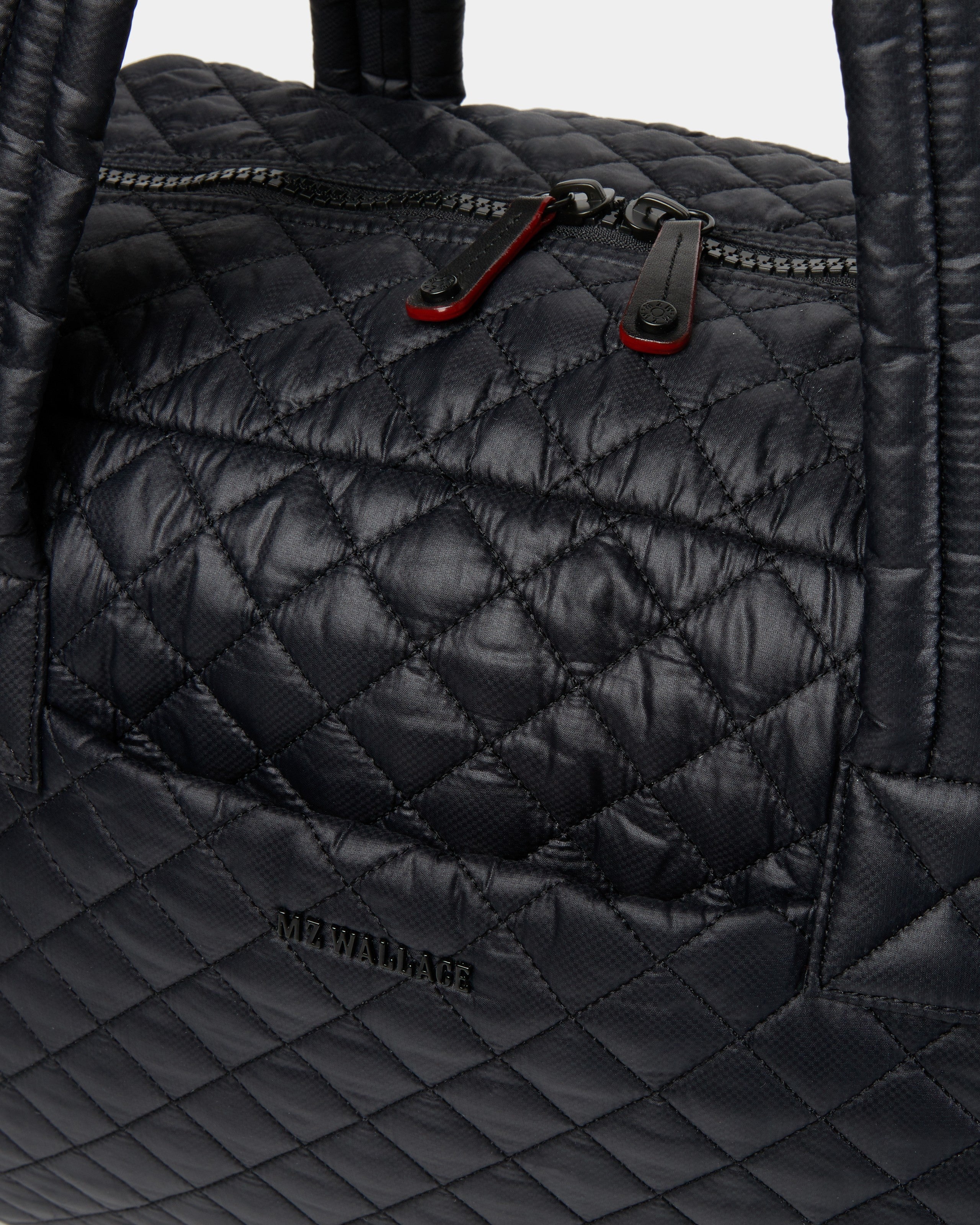 Close up MZ Wallace Black Quilted Duffle Travel Bag